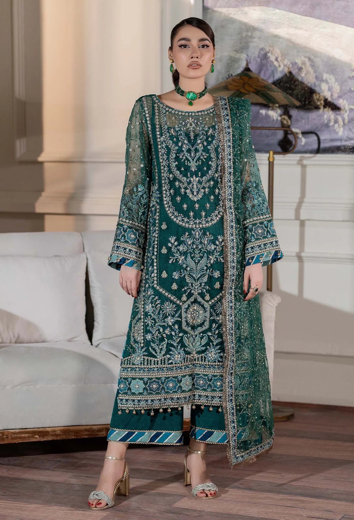 Green 'Essence' Adan's Libas Design Organza Ladies Suit