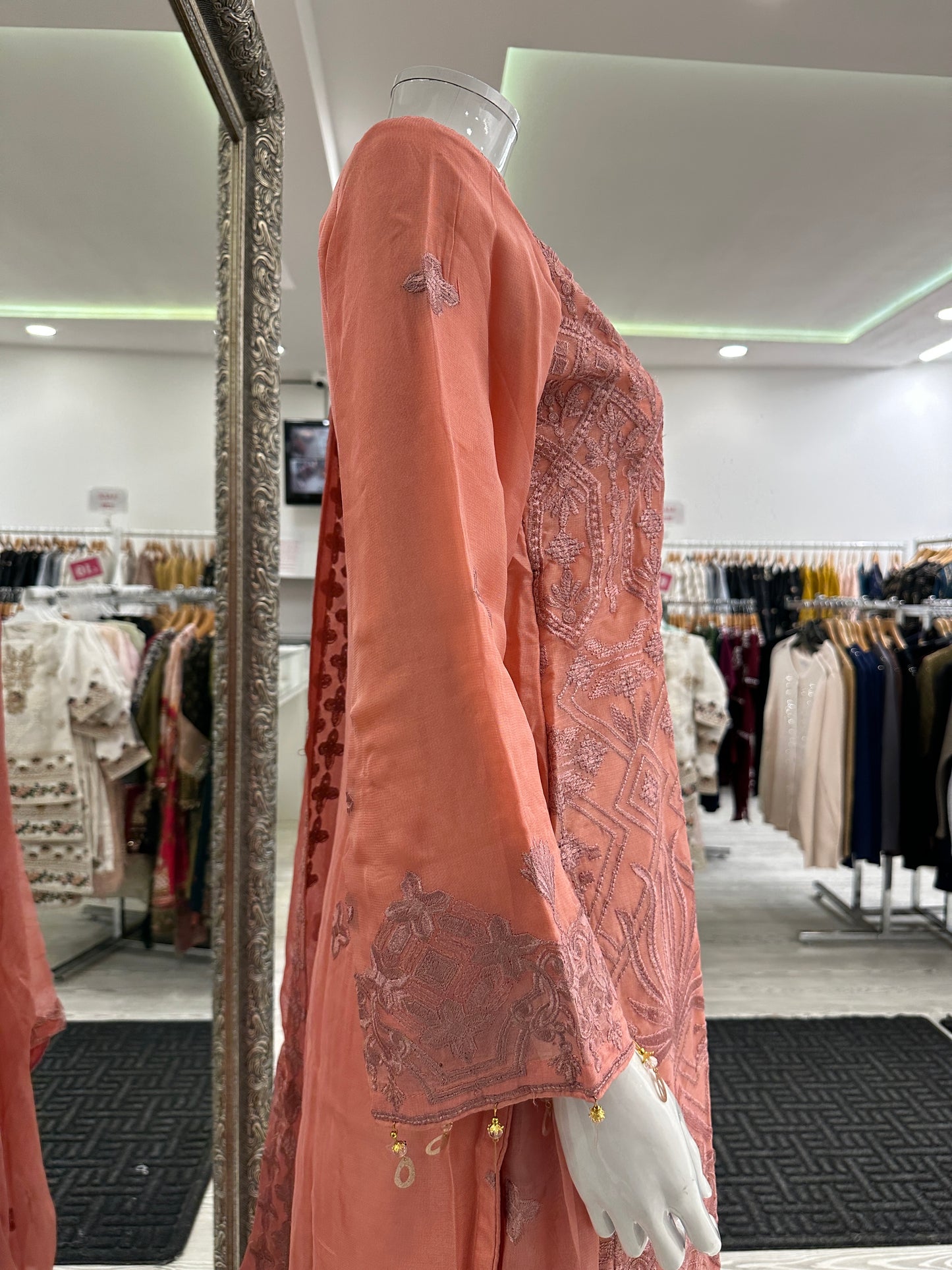 Dark Peach Pink Chiffon Ladies Suit
