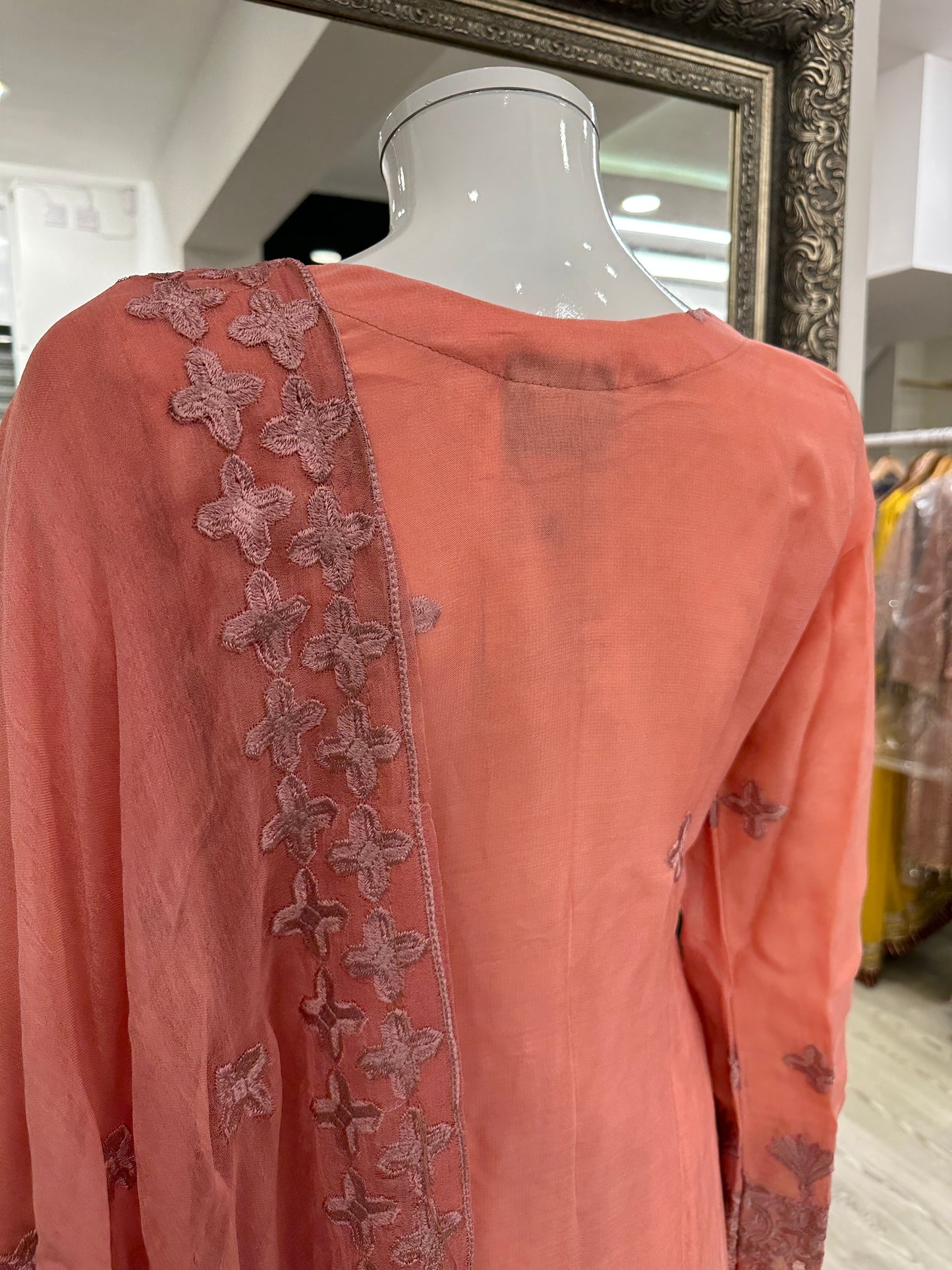 Dark Peach Pink Chiffon Ladies Suit