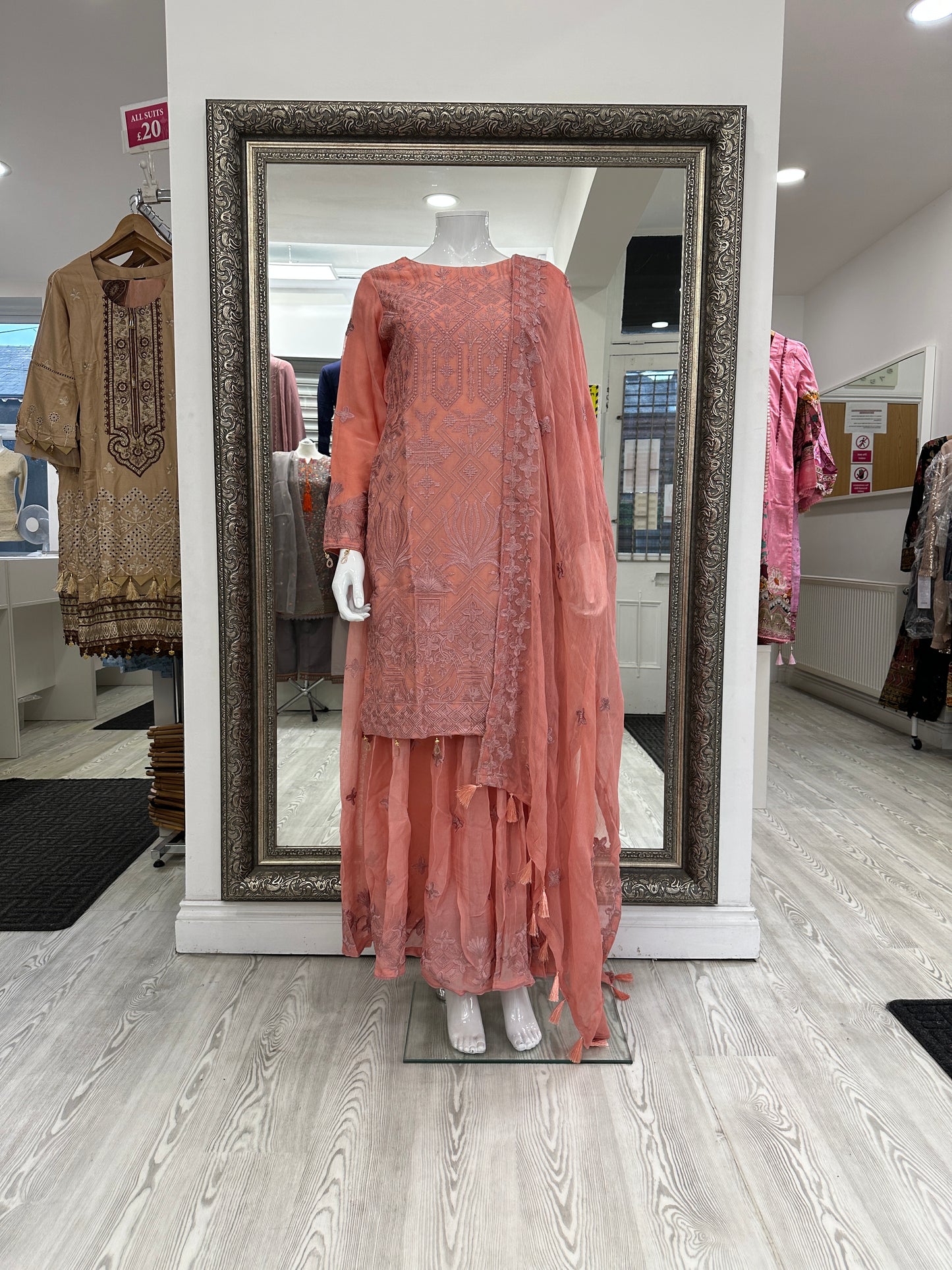 Dark Peach Pink Chiffon Ladies Suit