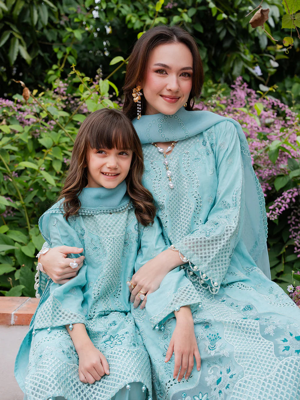 Light Teal Blue 'Aurea' Jacquard Girls Suit