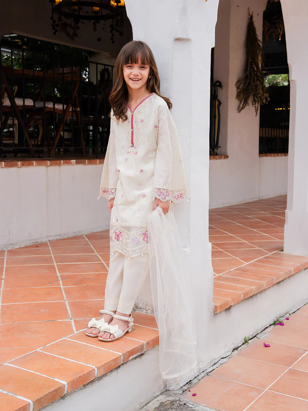 Light Beige Cream 'Aurea' Jacquard Girls Suit