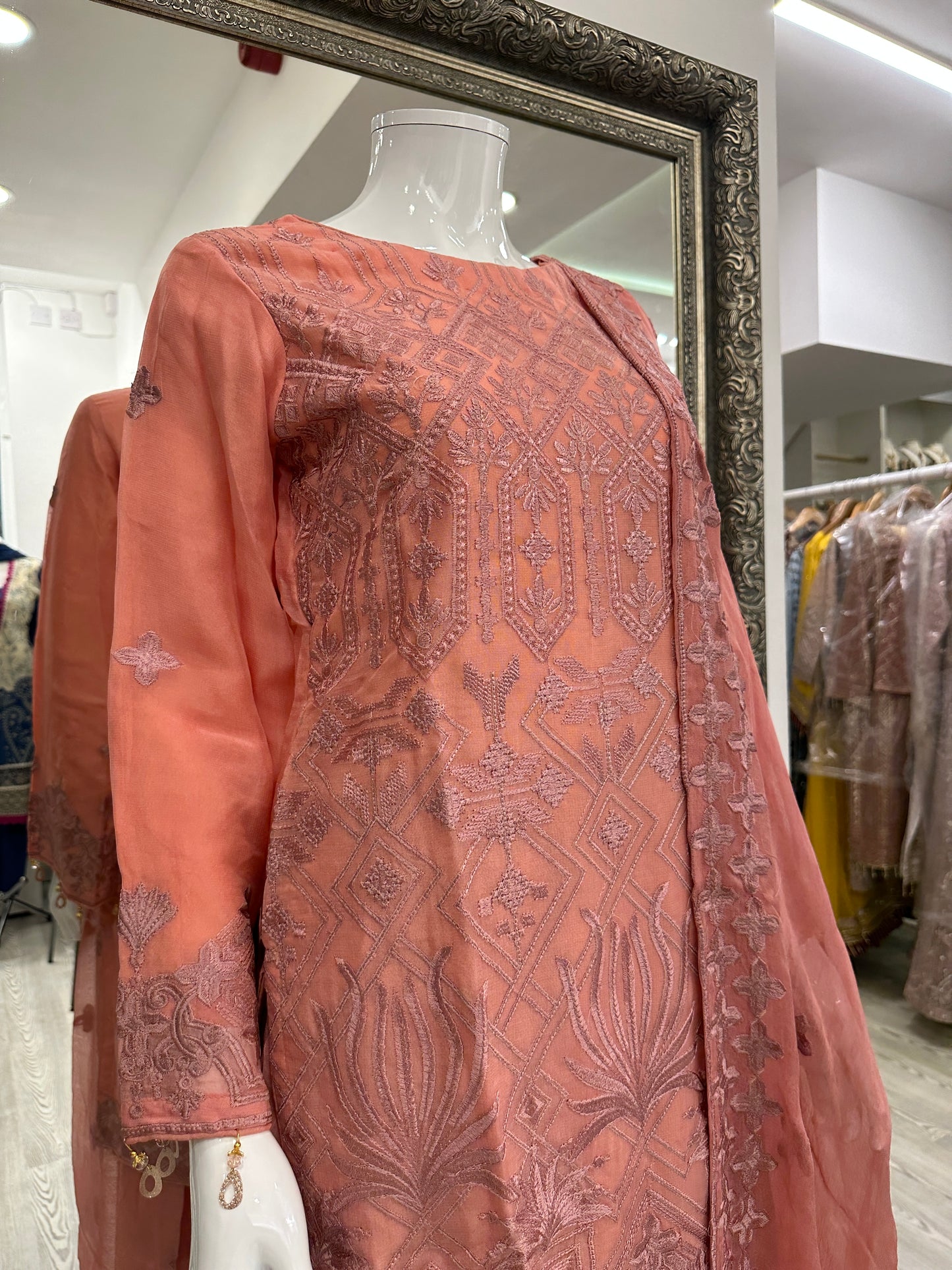 Dark Peach Pink Chiffon Ladies Suit