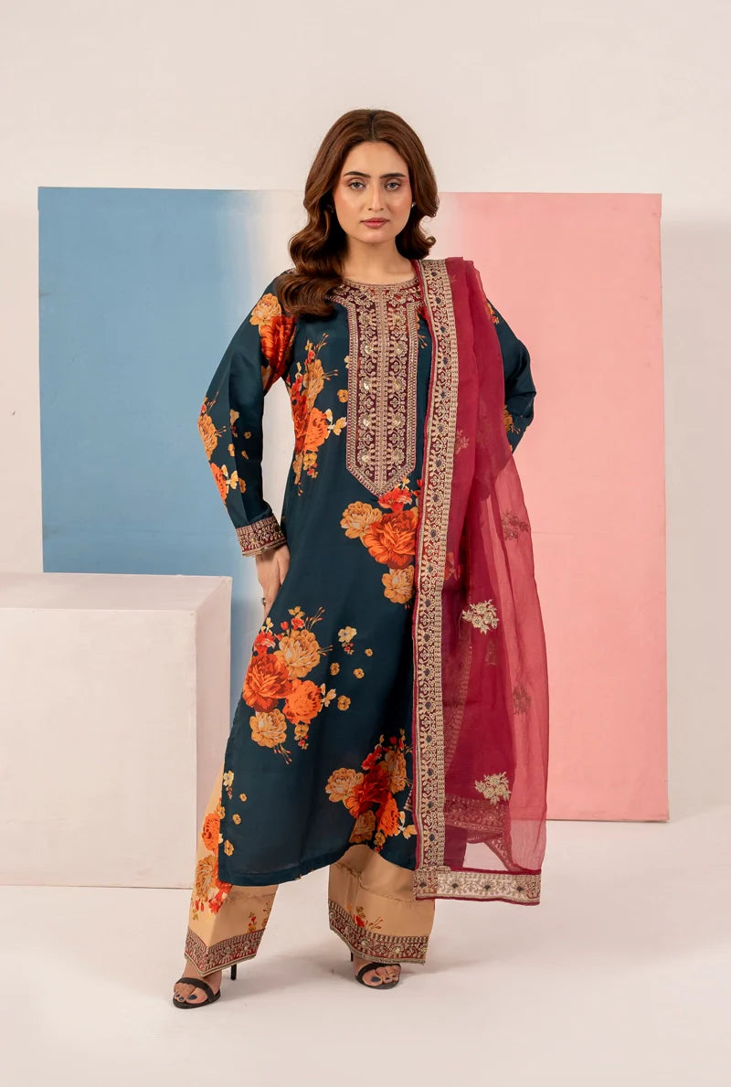 Dark Teal Blue 'Elsa Lux' Silk Lawn Ladies Suit