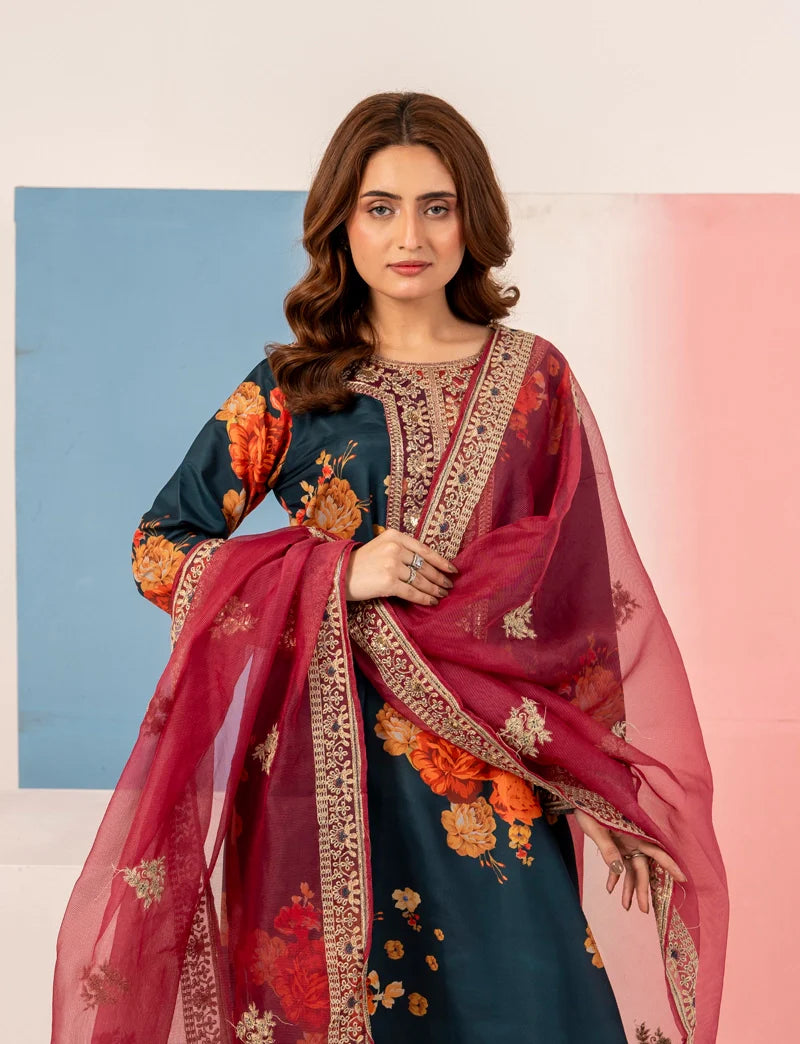 Dark Teal Blue 'Elsa Lux' Silk Lawn Ladies Suit