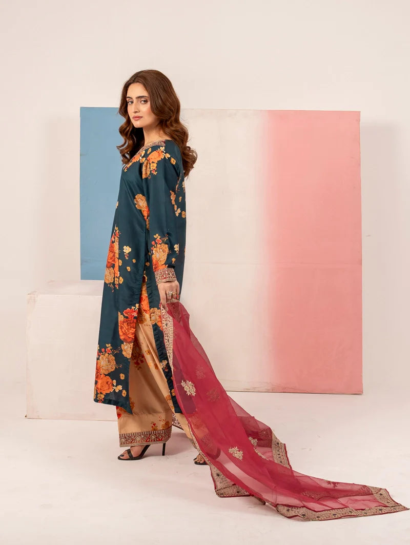 Dark Teal Blue 'Elsa Lux' Silk Lawn Ladies Suit