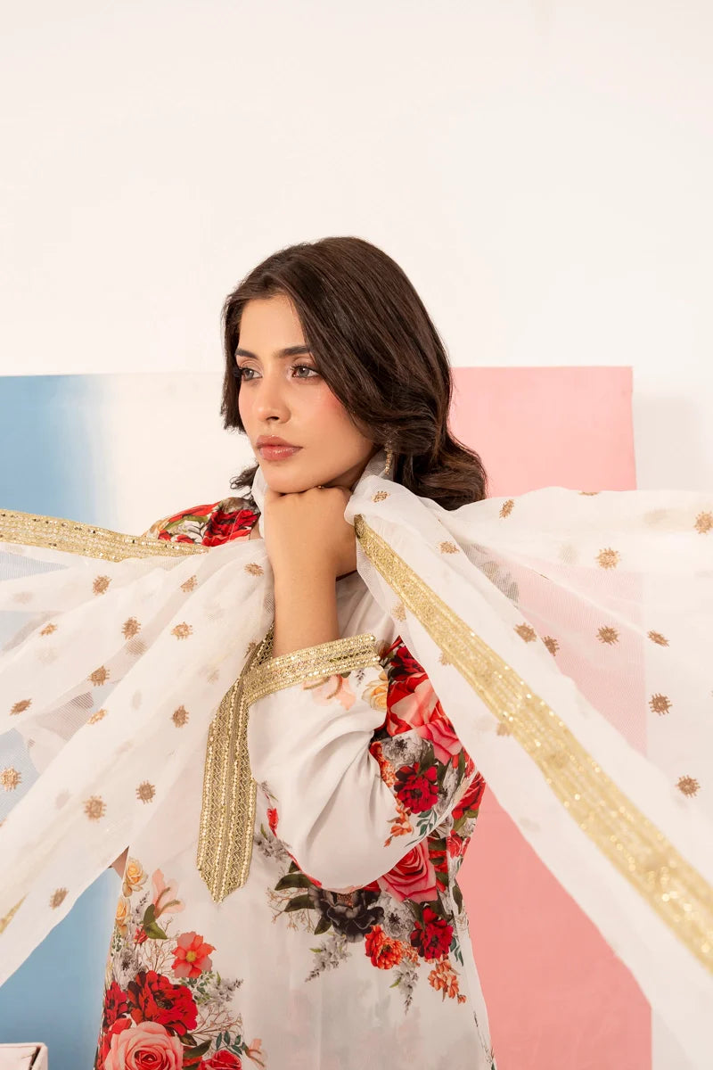 White 'Elsa Lux' Silk Lawn Ladies Suit