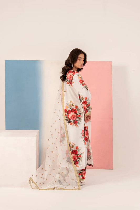 White 'Elsa Lux' Silk Lawn Ladies Suit