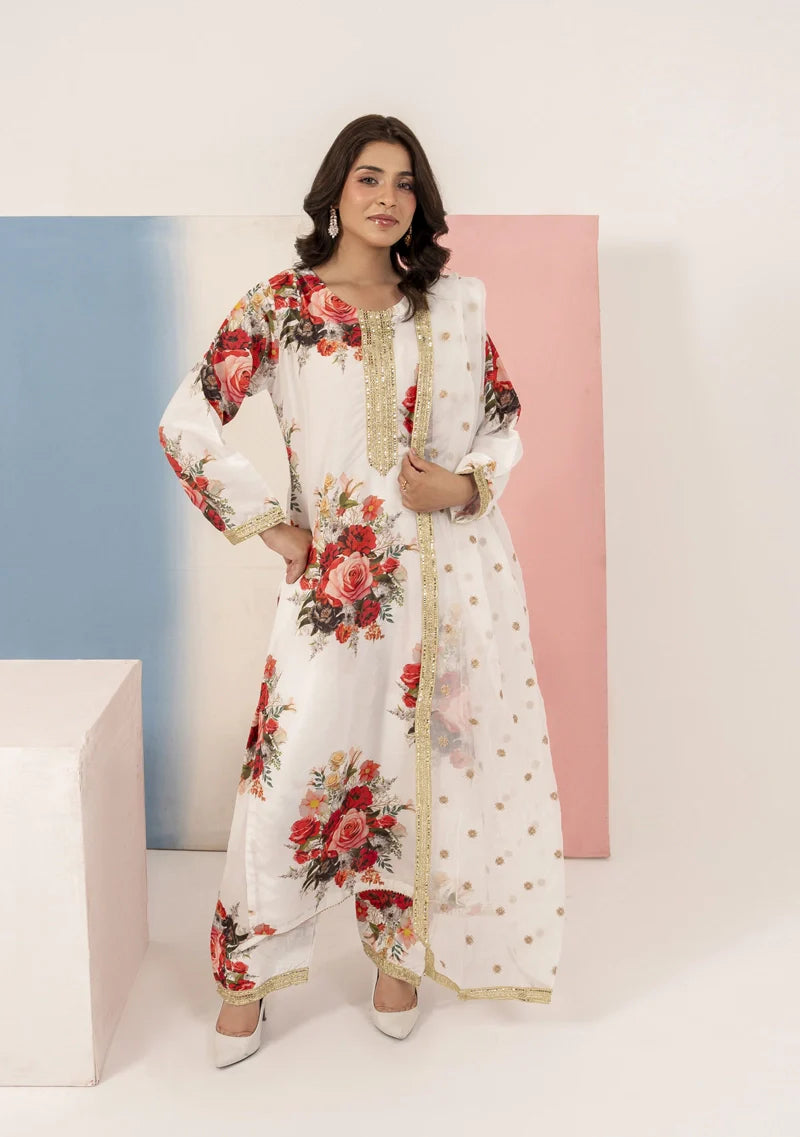 White 'Elsa Lux' Silk Lawn Ladies Suit