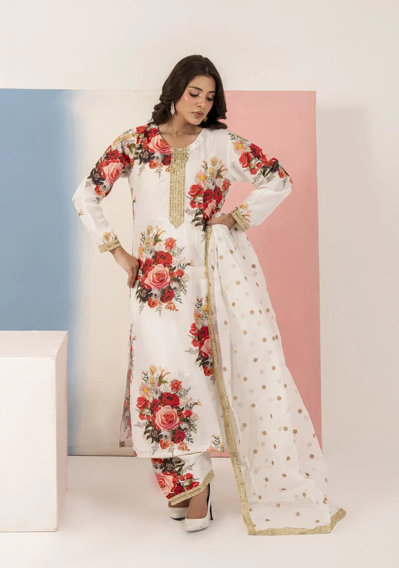 White 'Elsa Lux' Silk Lawn Ladies Suit