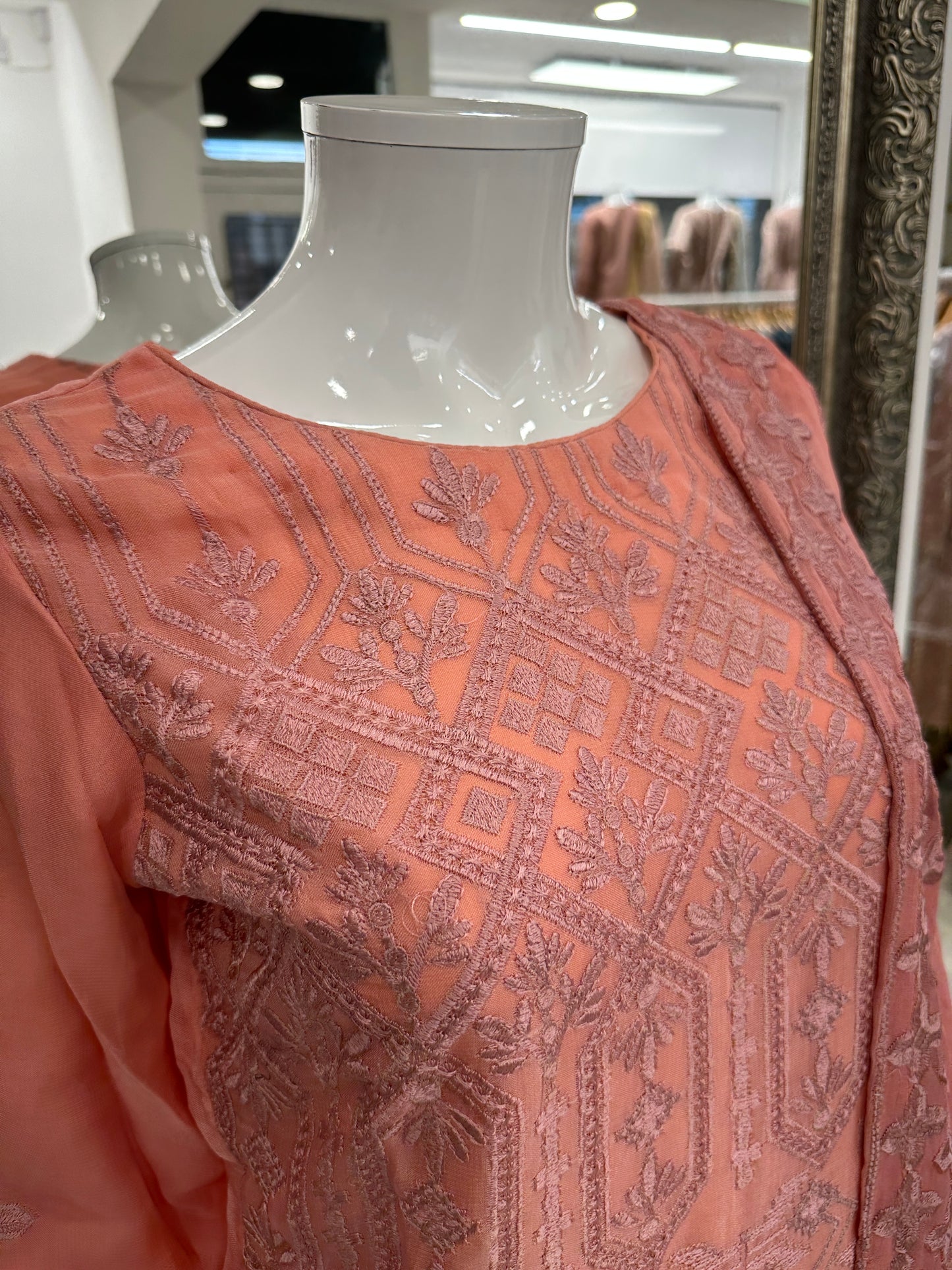 Dark Peach Pink Chiffon Ladies Suit