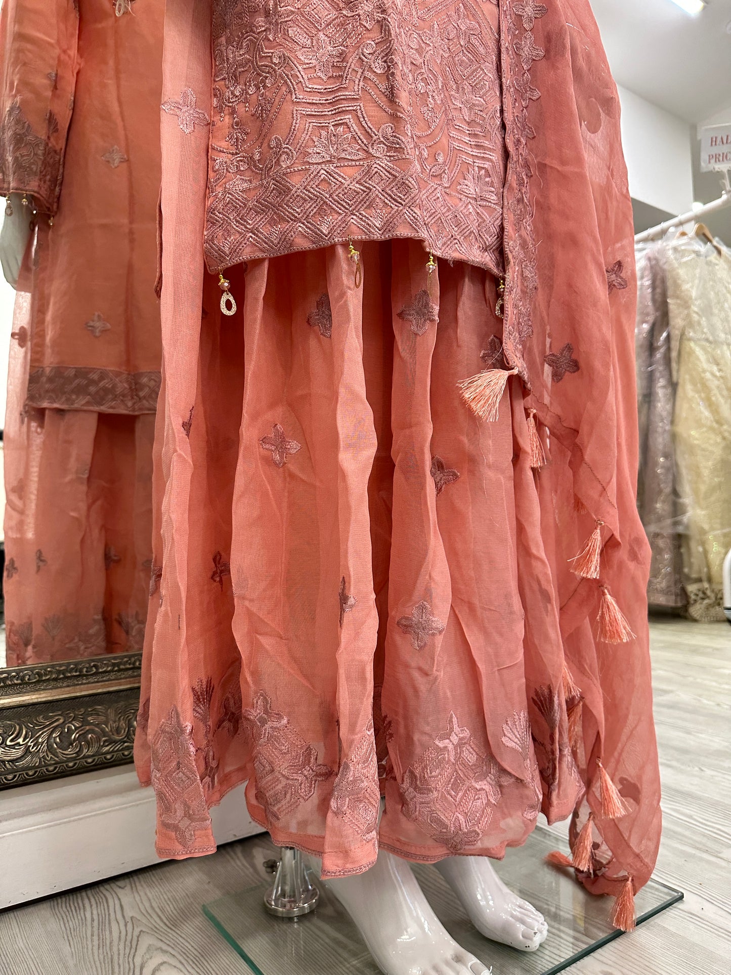 Dark Peach Pink Chiffon Ladies Suit