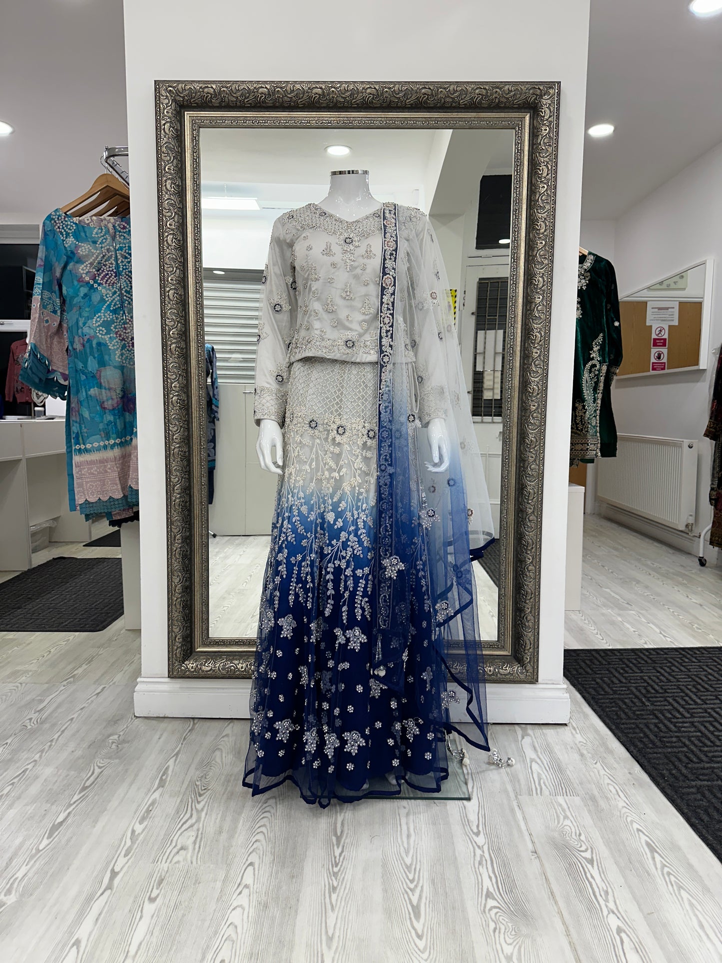 Silver and Blue Luxury Net Lehenga Choli Ladies Suit