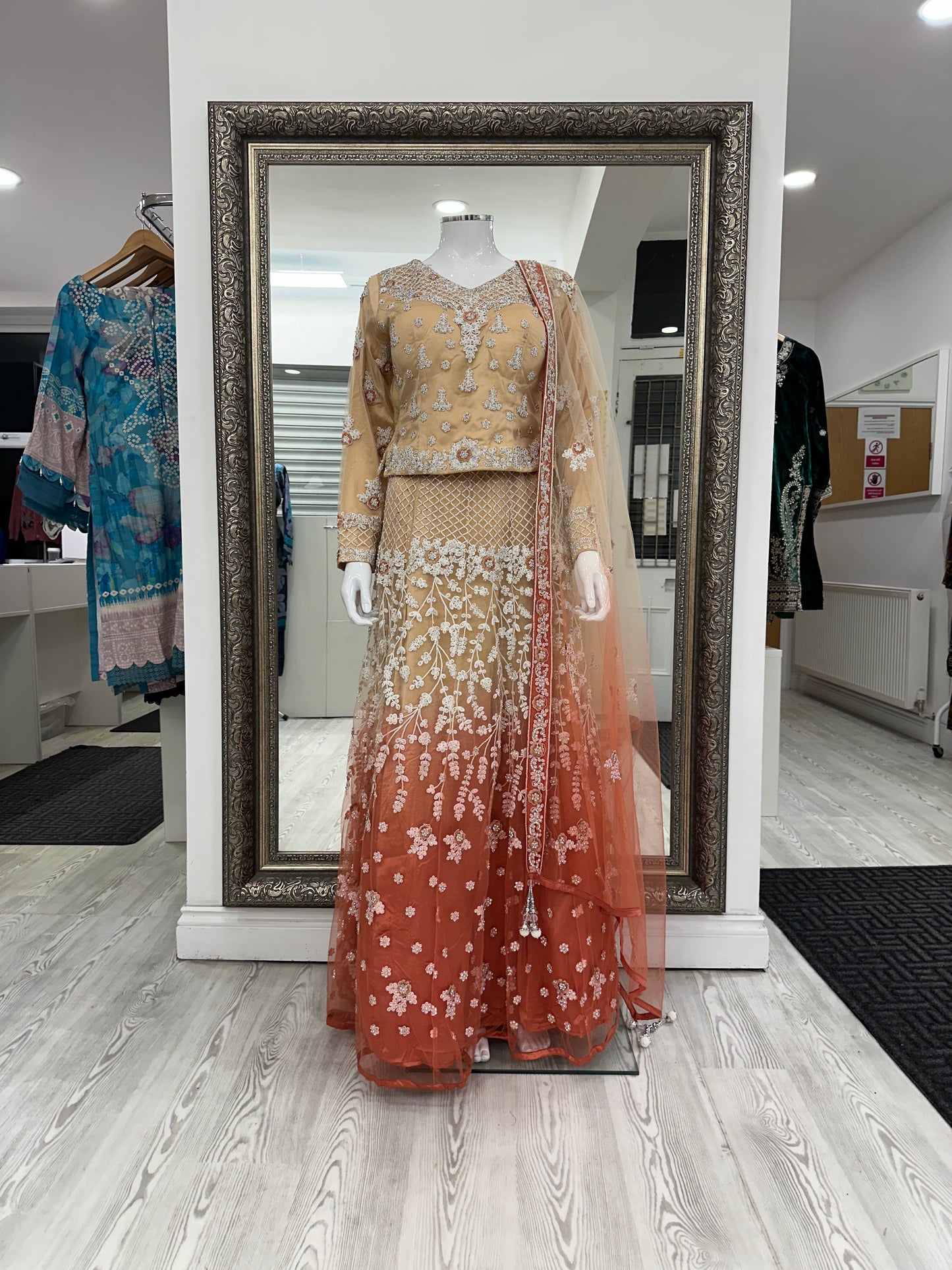 Creamy Gold and Peach Luxury Net Lehenga Choli Ladies Suit