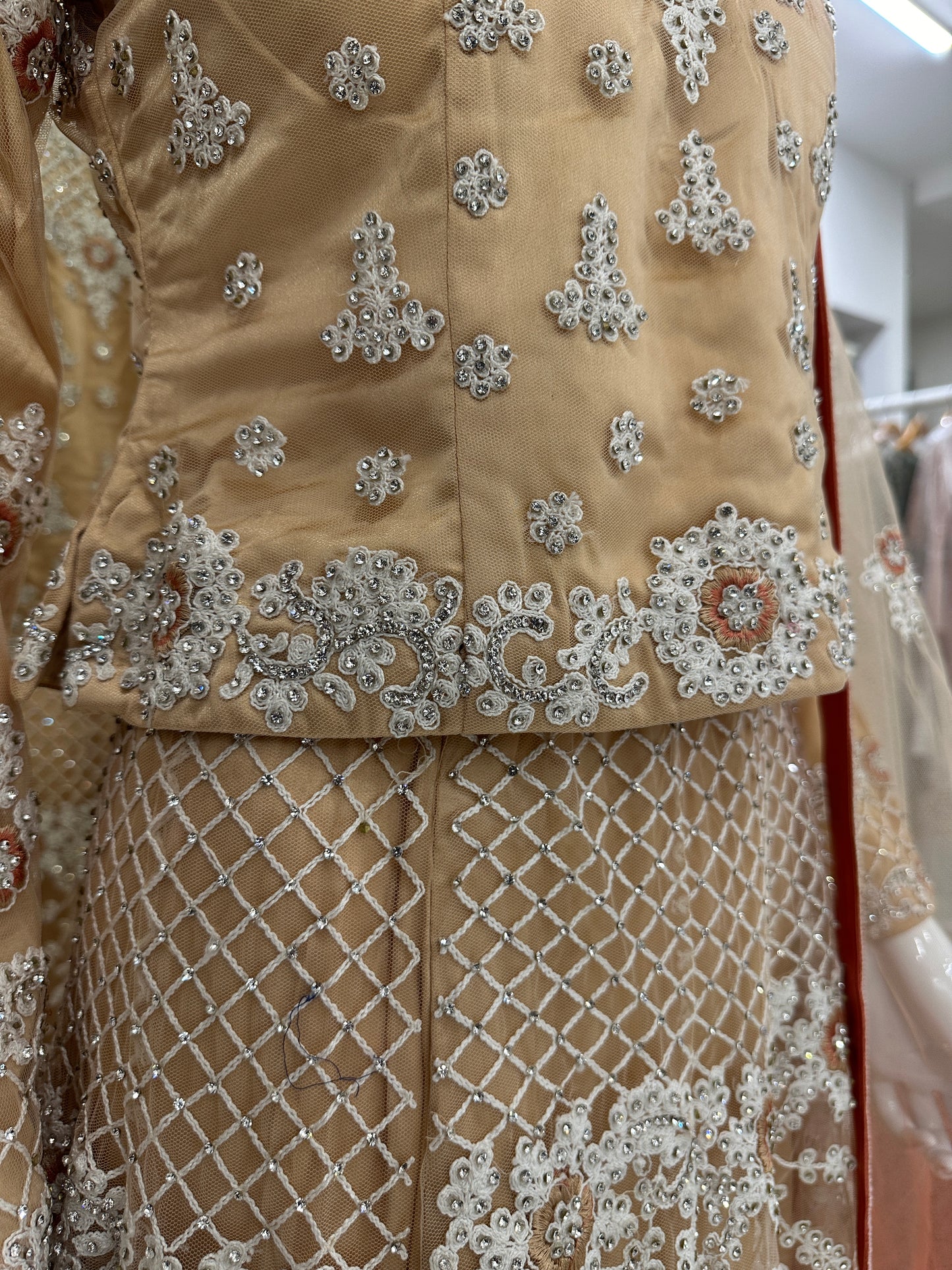 Creamy Gold and Peach Luxury Net Lehenga Choli Ladies Suit