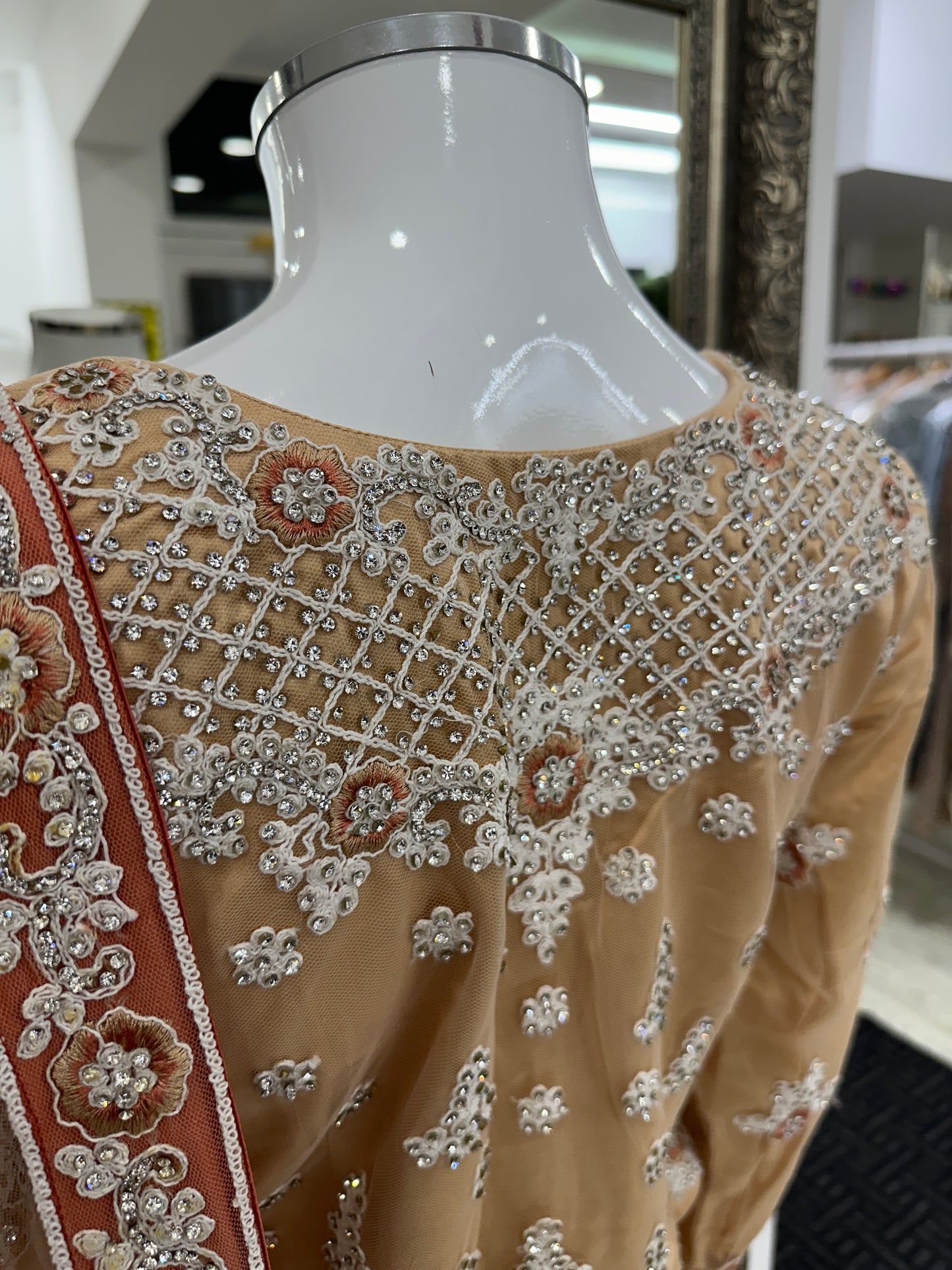 Creamy Gold and Peach Luxury Net Lehenga Choli Ladies Suit