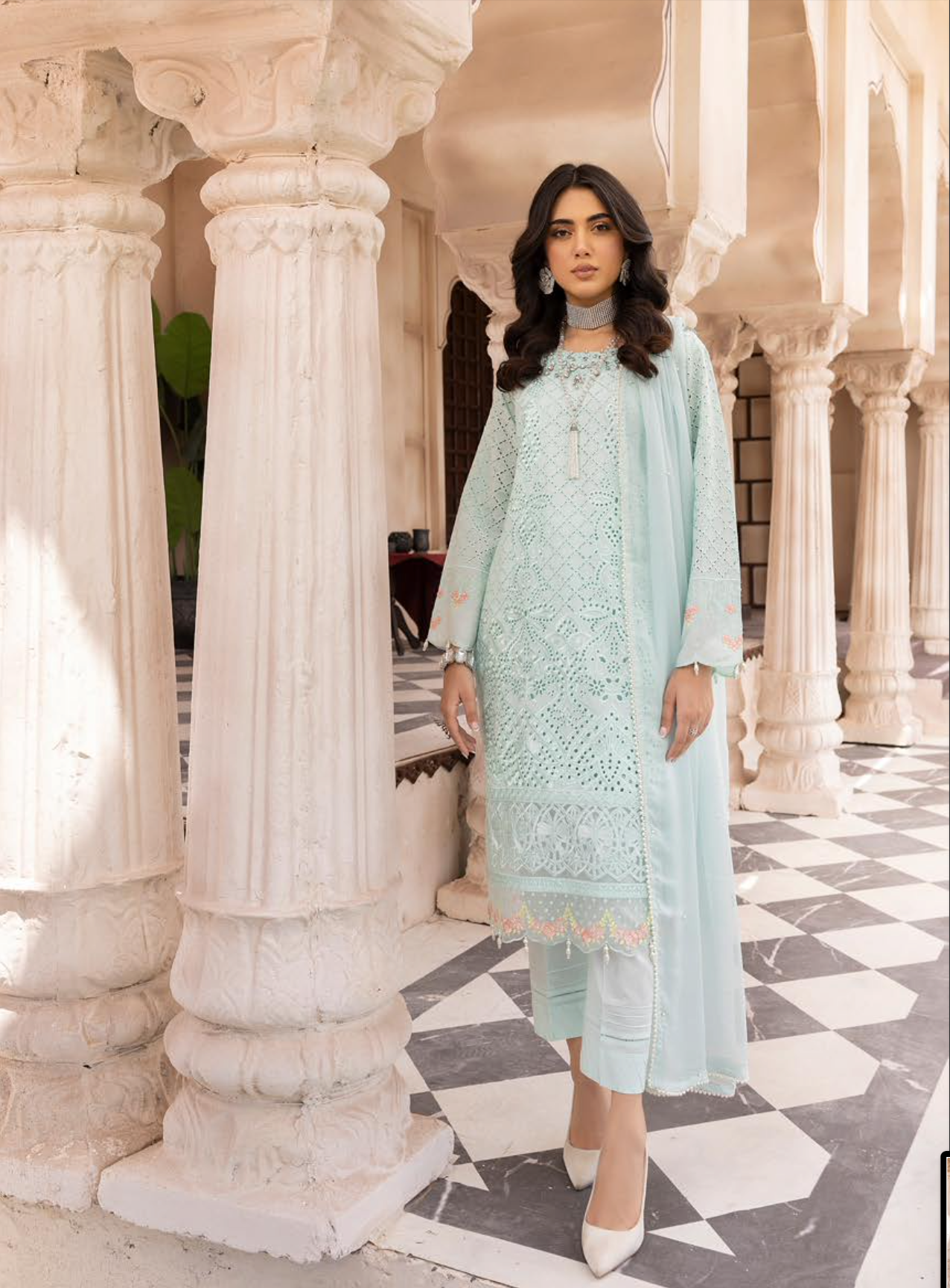 Light Teal Blue Chikankari Ladies Suit