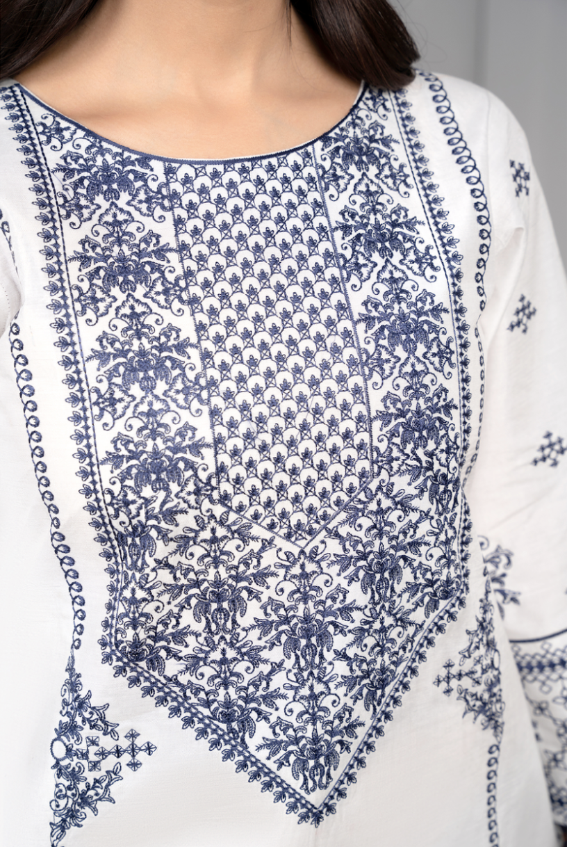 White and Blue Daisy Viscose Ladies Suit