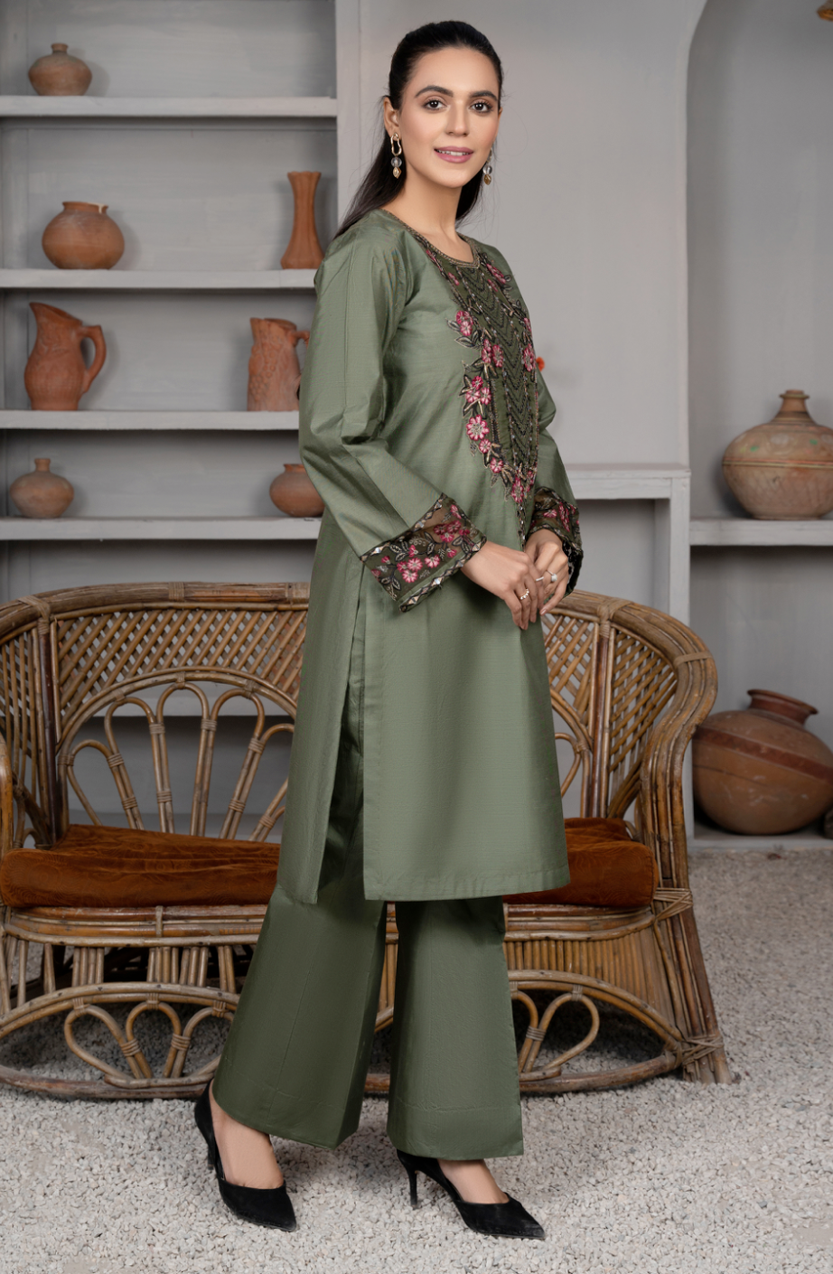 Khaki Green Daisy Viscose Ladies Suit