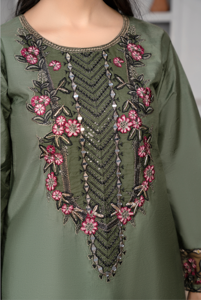 Khaki Green Daisy Viscose Ladies Suit