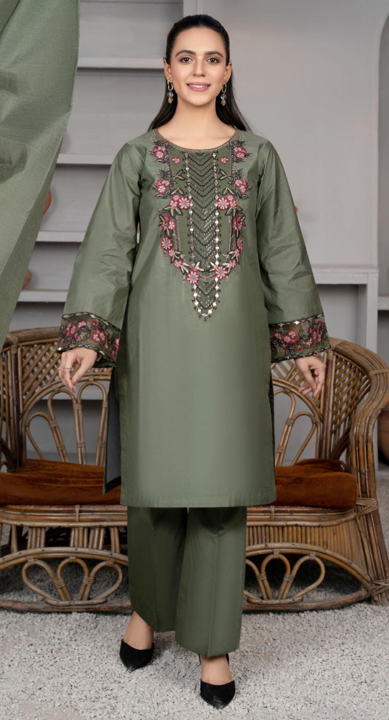 Khaki Green Daisy Viscose Ladies Suit