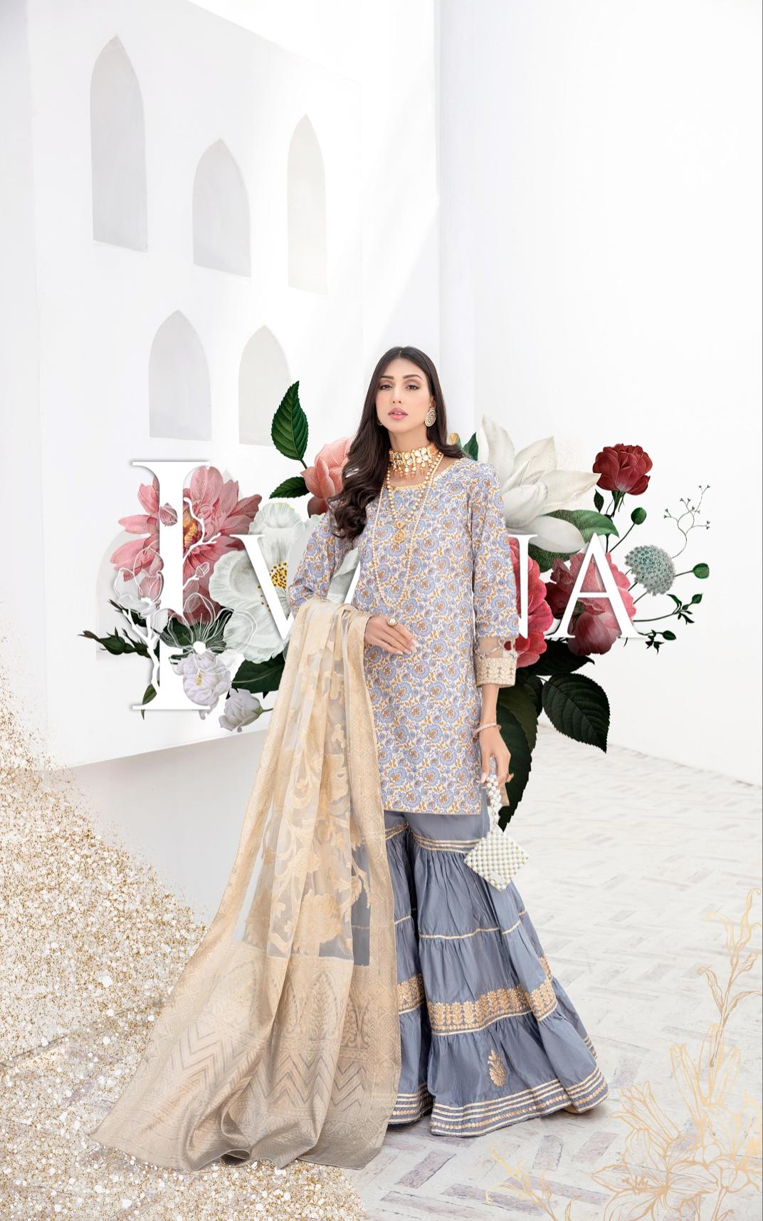 Off White and Blue IVANA Luxury Gharara Girls Suit
