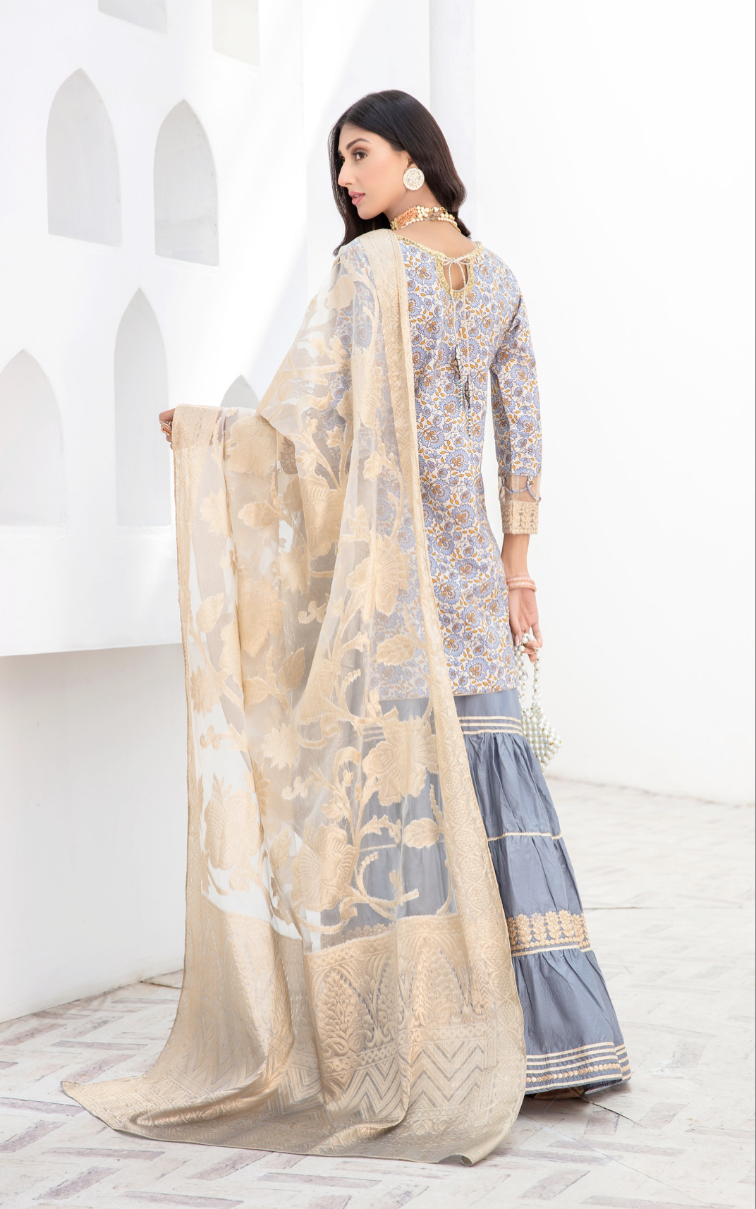 Off White and Blue IVANA Luxury Gharara Ladies Suit