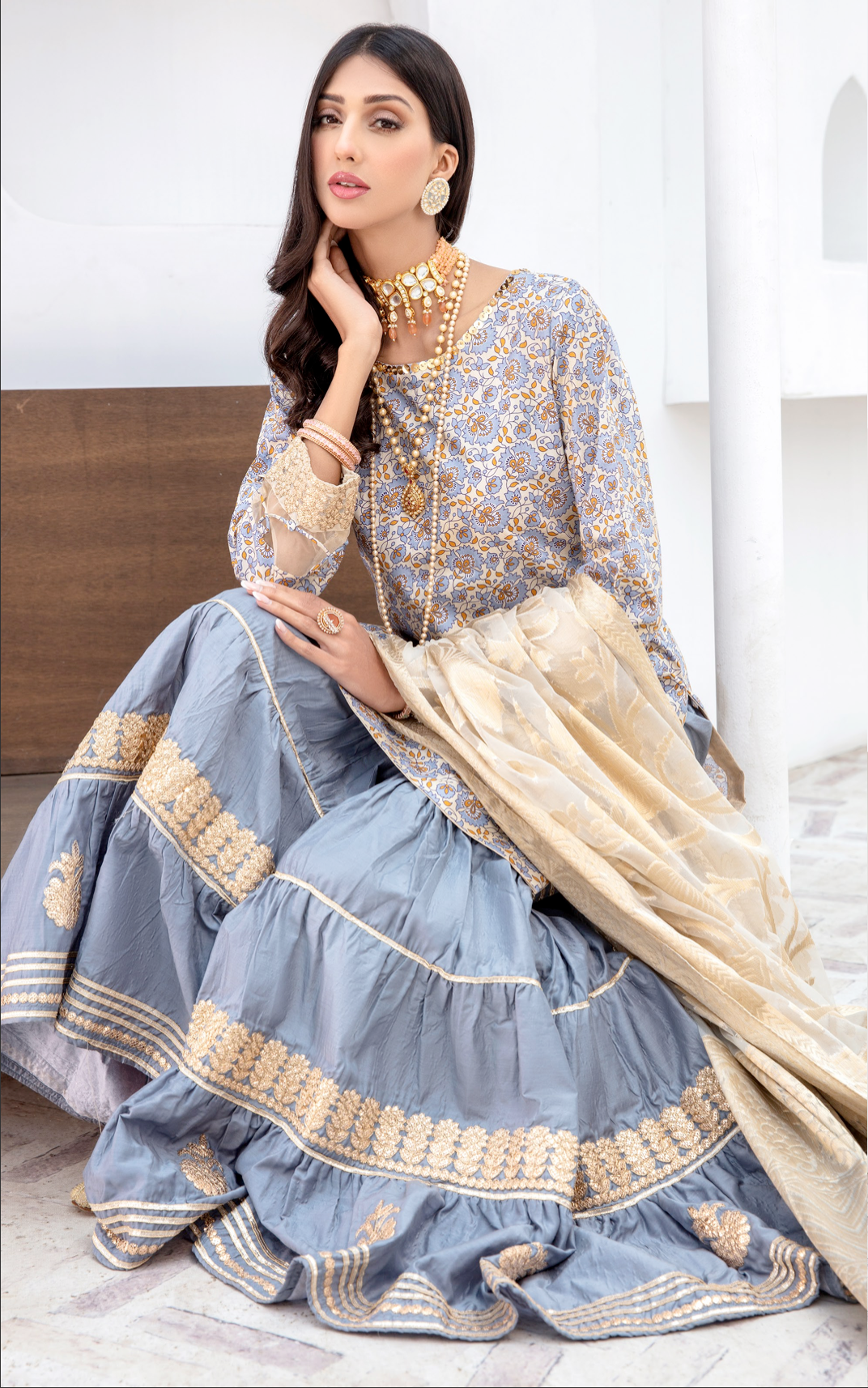 Off White and Blue IVANA Luxury Gharara Ladies Suit