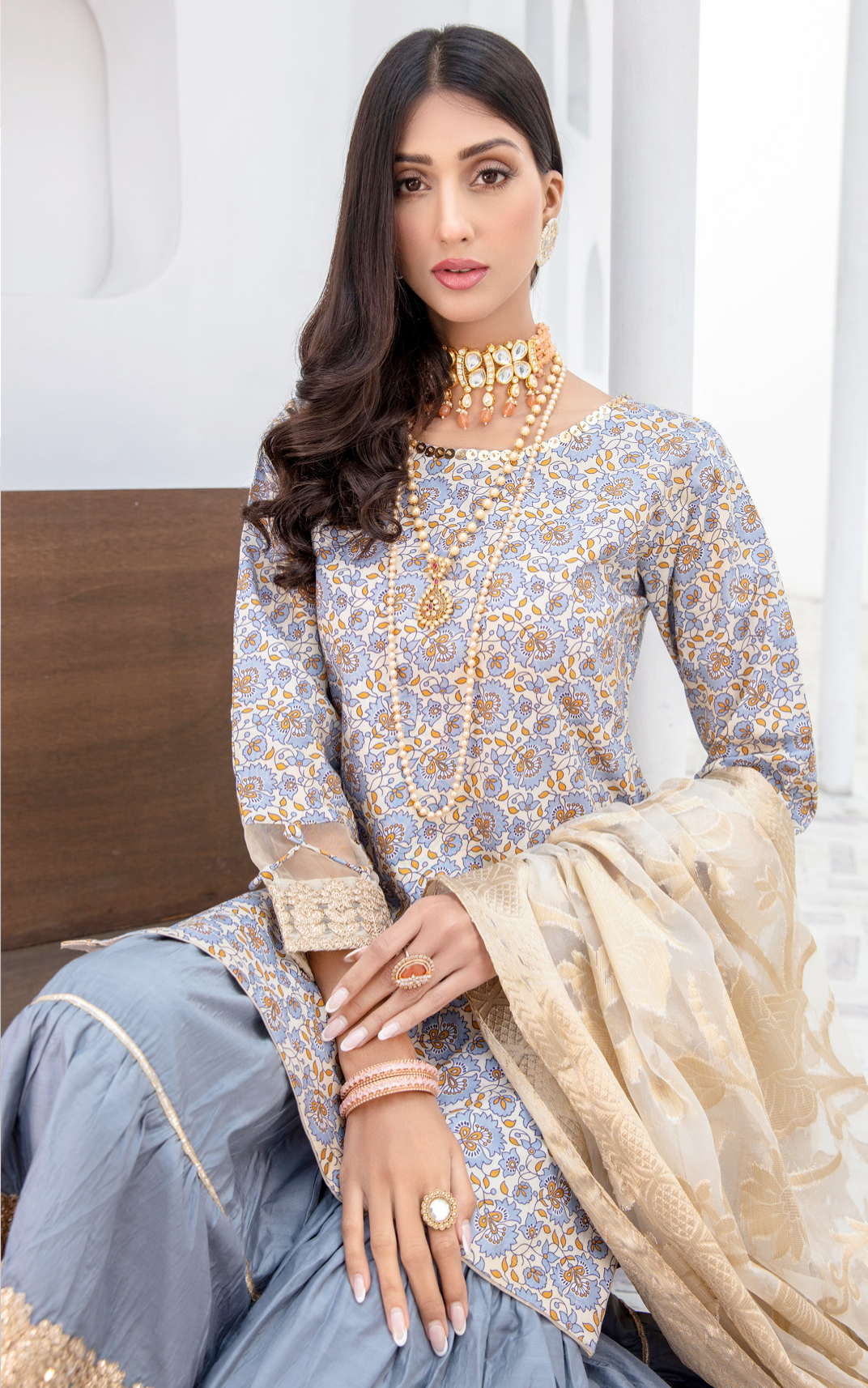 Off White and Blue IVANA Luxury Gharara Ladies Suit