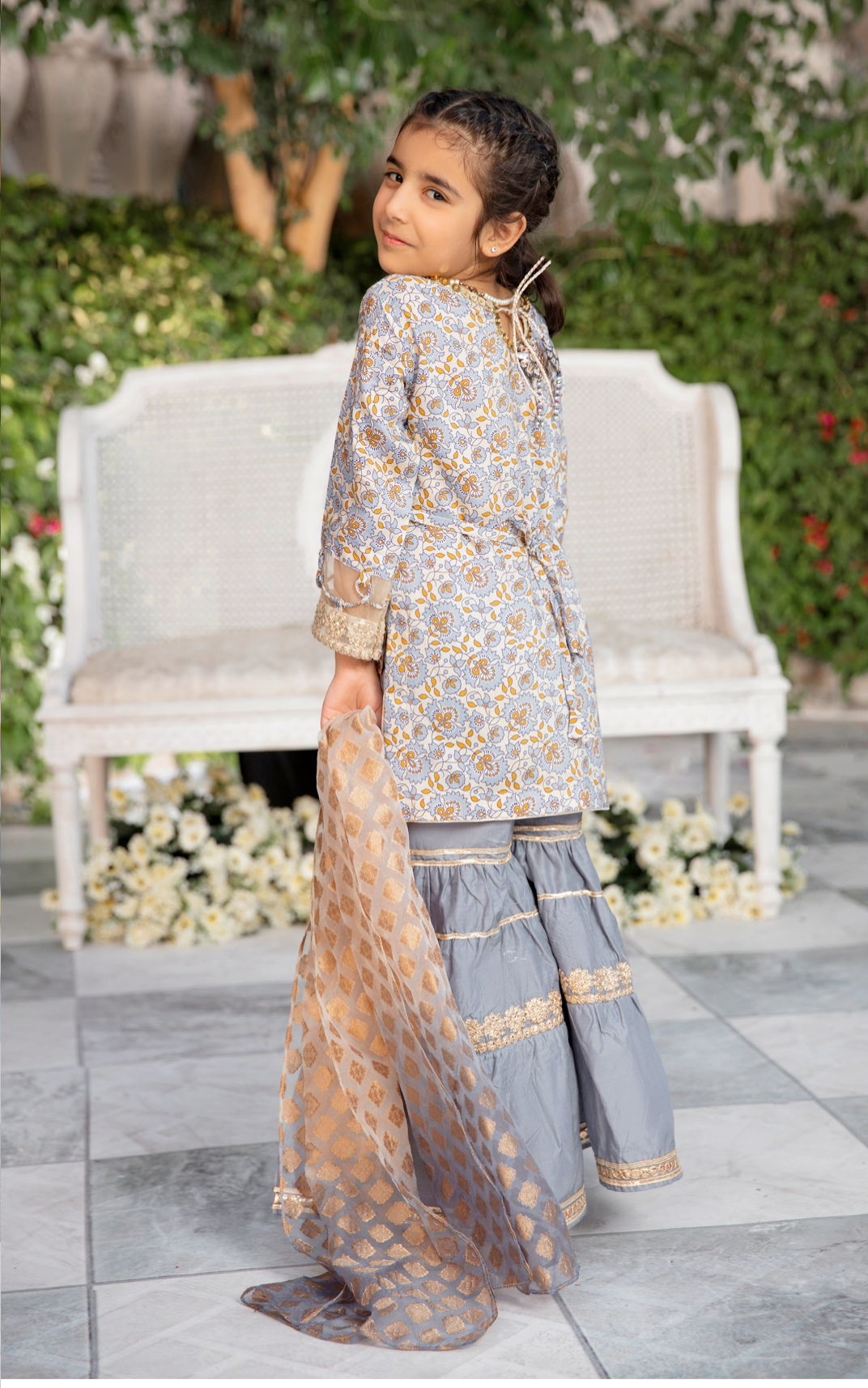 Off White and Blue IVANA Luxury Gharara Girls Suit