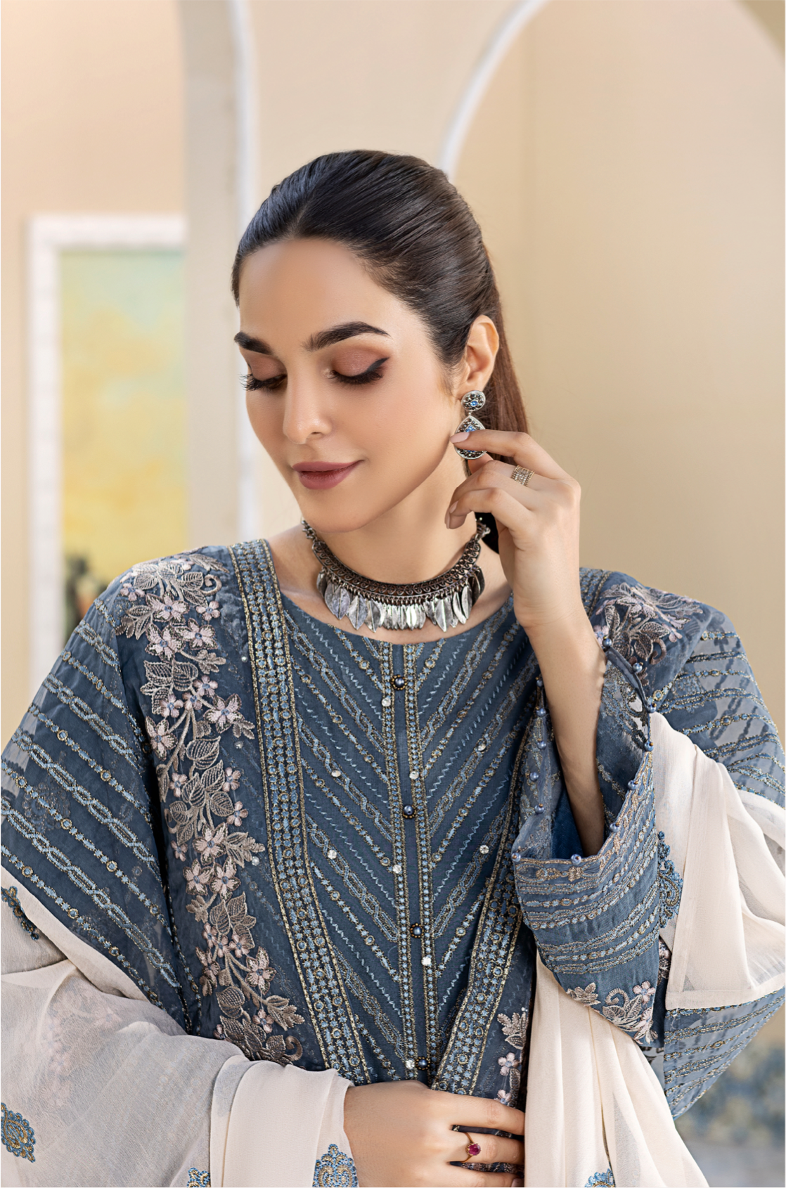 Blue 'Aquarius' Amber Luxury Chiffon Ladies Suit