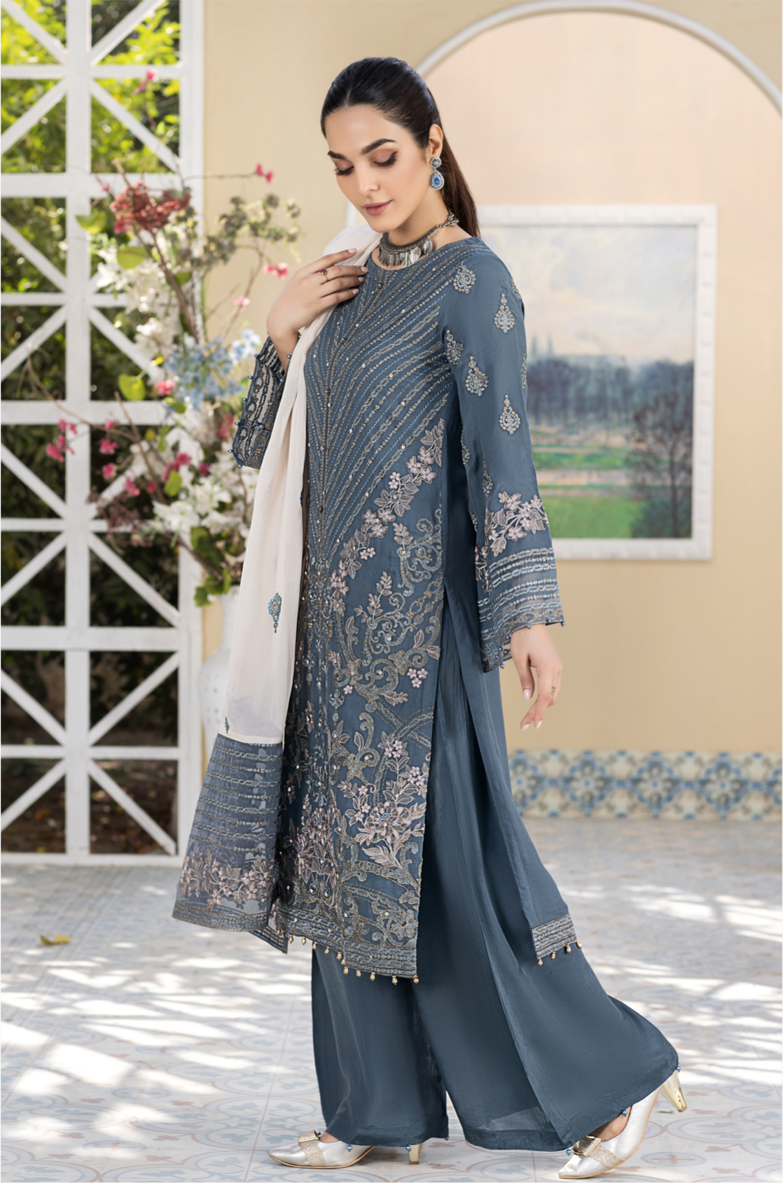 Blue 'Aquarius' Amber Luxury Chiffon Ladies Suit