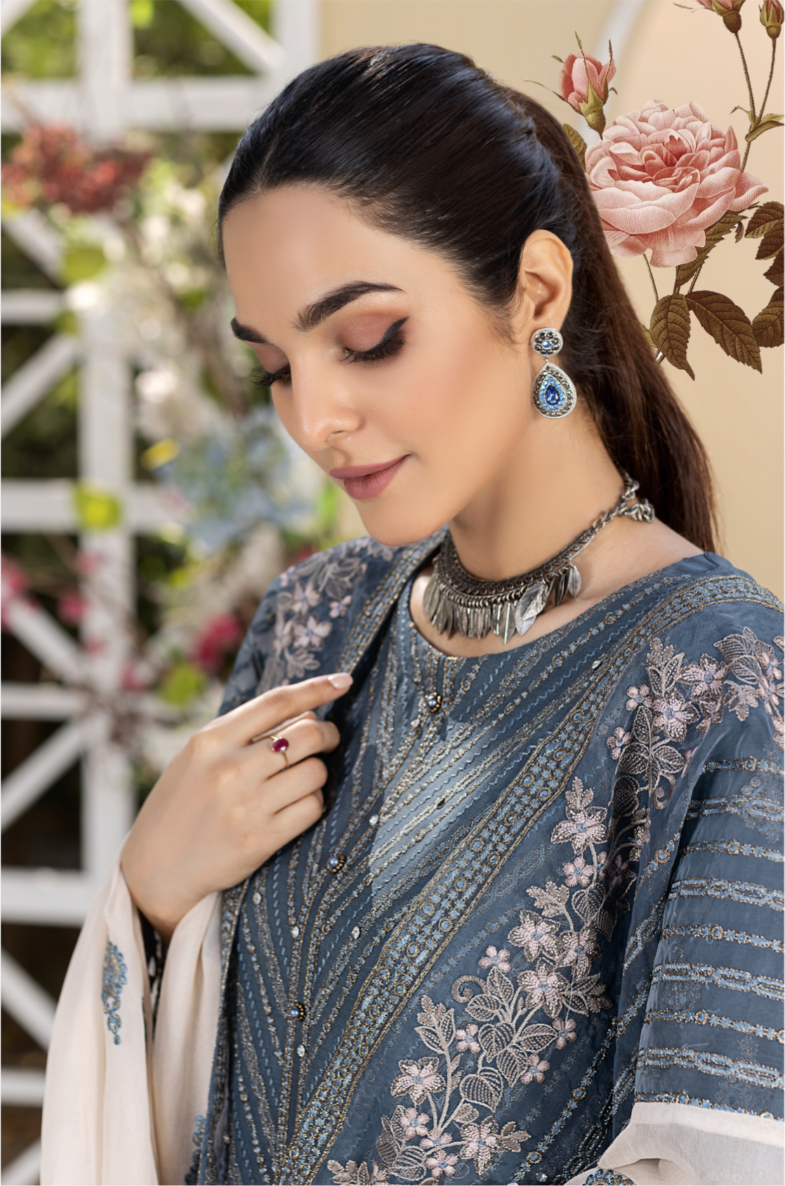 Blue 'Aquarius' Amber Luxury Chiffon Ladies Suit