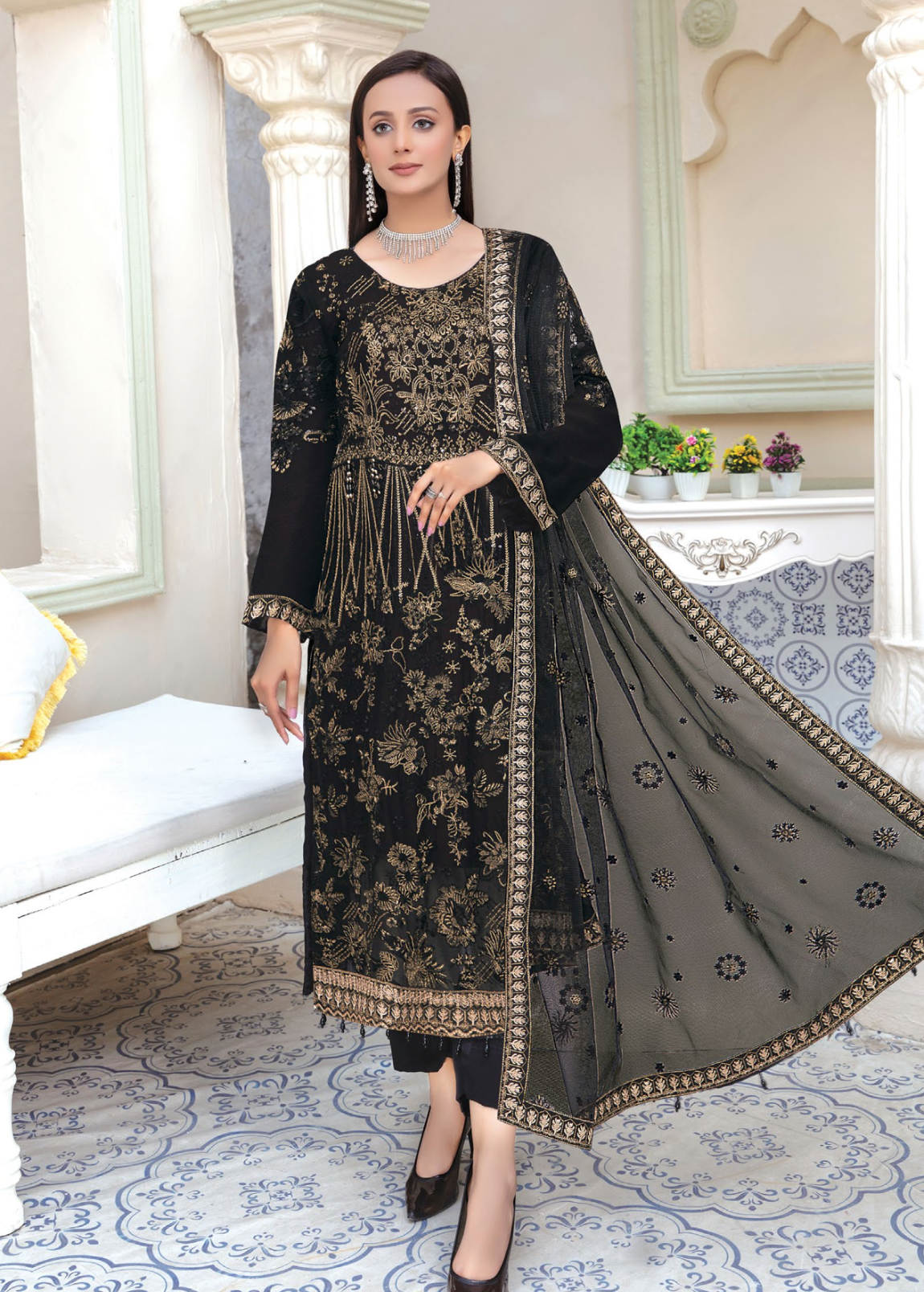 Black Urshia Luxury Chiffon Ladies Suit