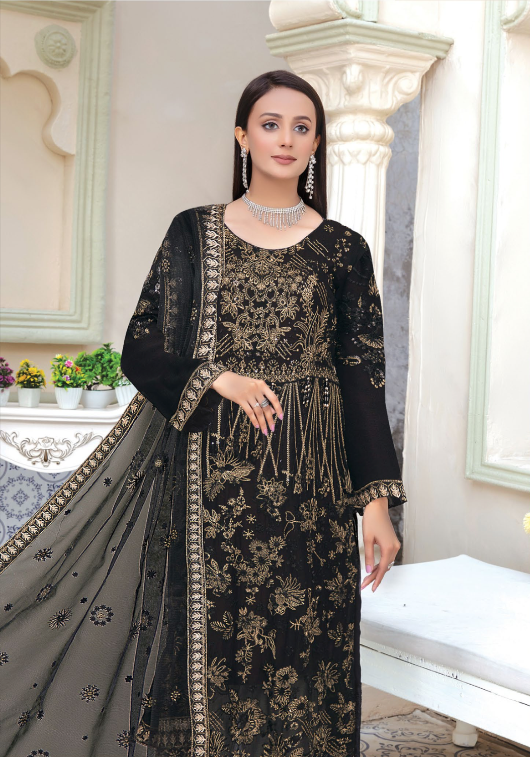 Black Urshia Luxury Chiffon Ladies Suit
