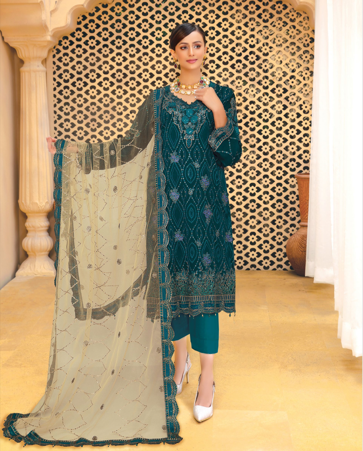 Dark Teal Green Urshia Luxury Chiffon Ladies Suit