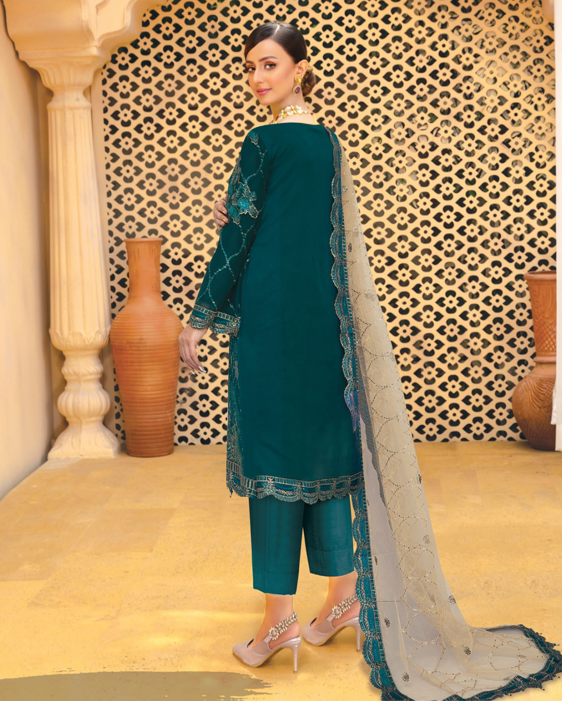 Dark Teal Green Urshia Luxury Chiffon Ladies Suit