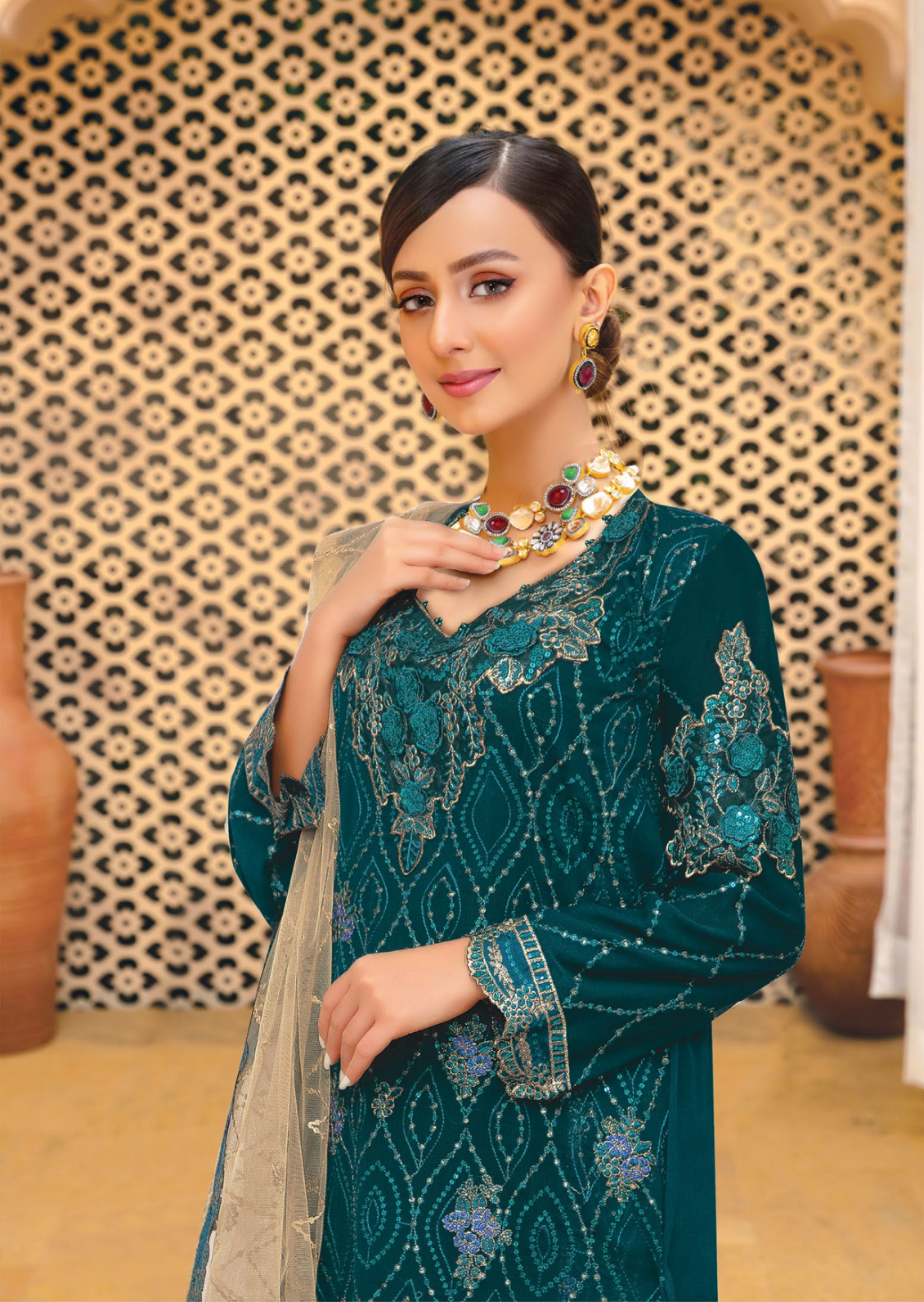 Dark Teal Green Urshia Luxury Chiffon Ladies Suit
