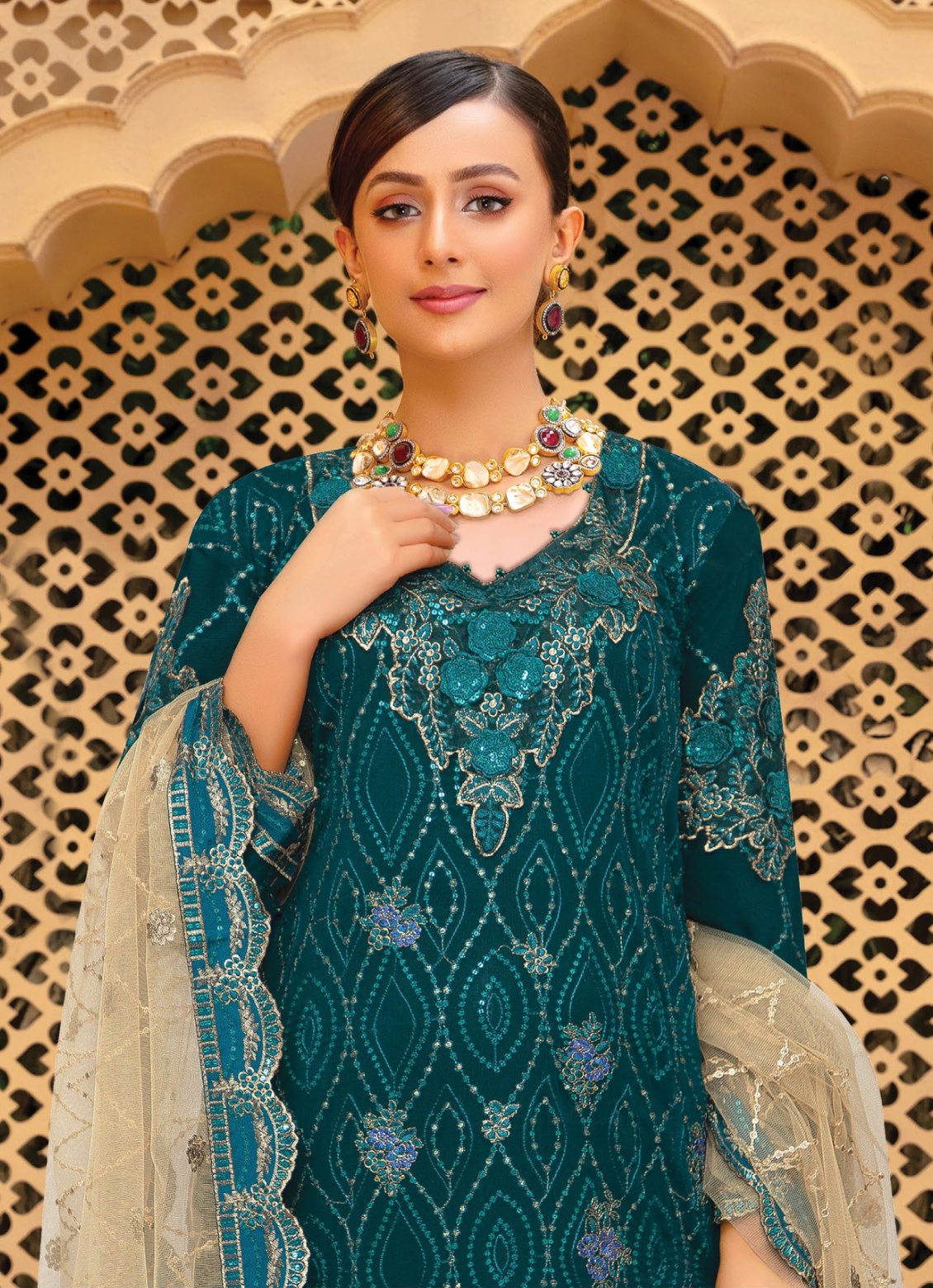 Dark Teal Green Urshia Luxury Chiffon Ladies Suit