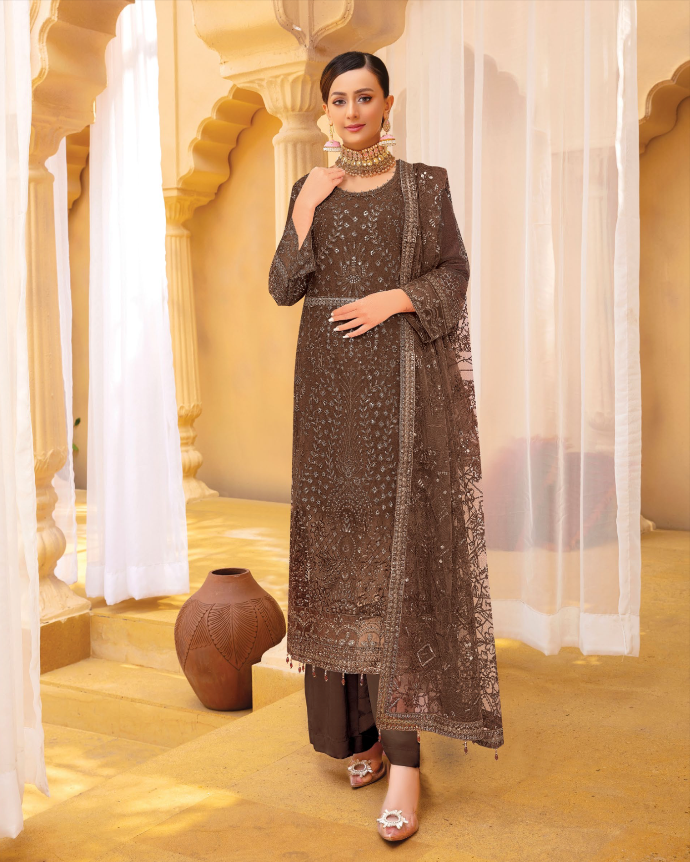 Dark Brown Urshia Luxury Net Ladies Suit