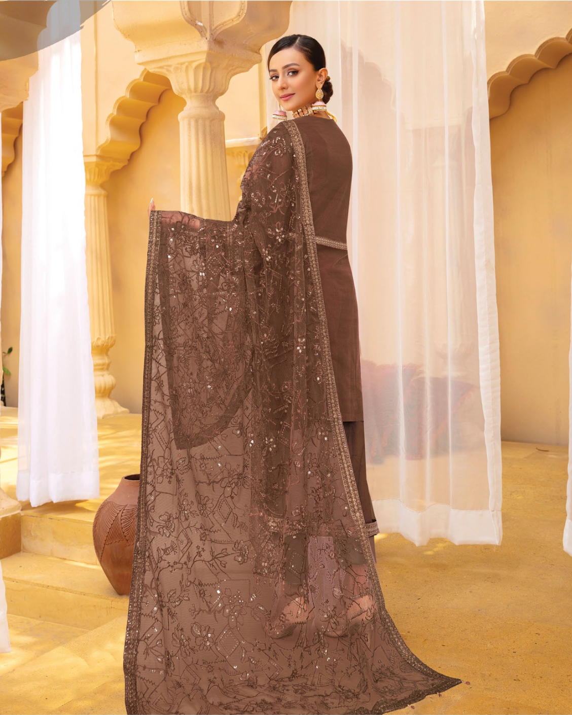Dark Brown Urshia Luxury Net Ladies Suit