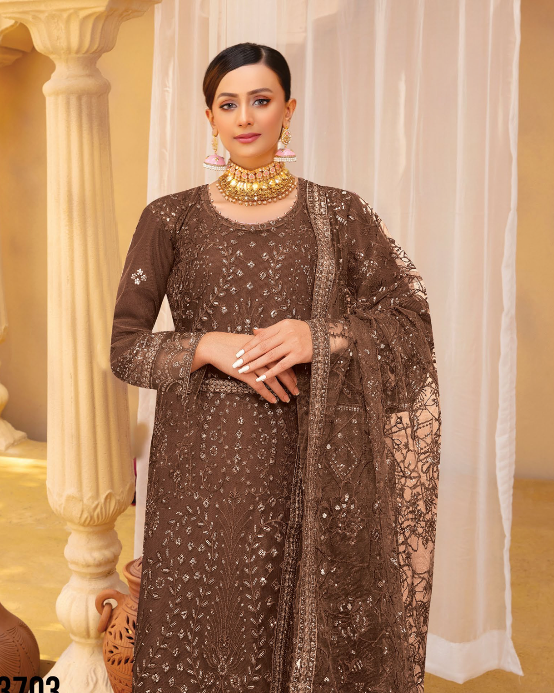Dark Brown Urshia Luxury Net Ladies Suit