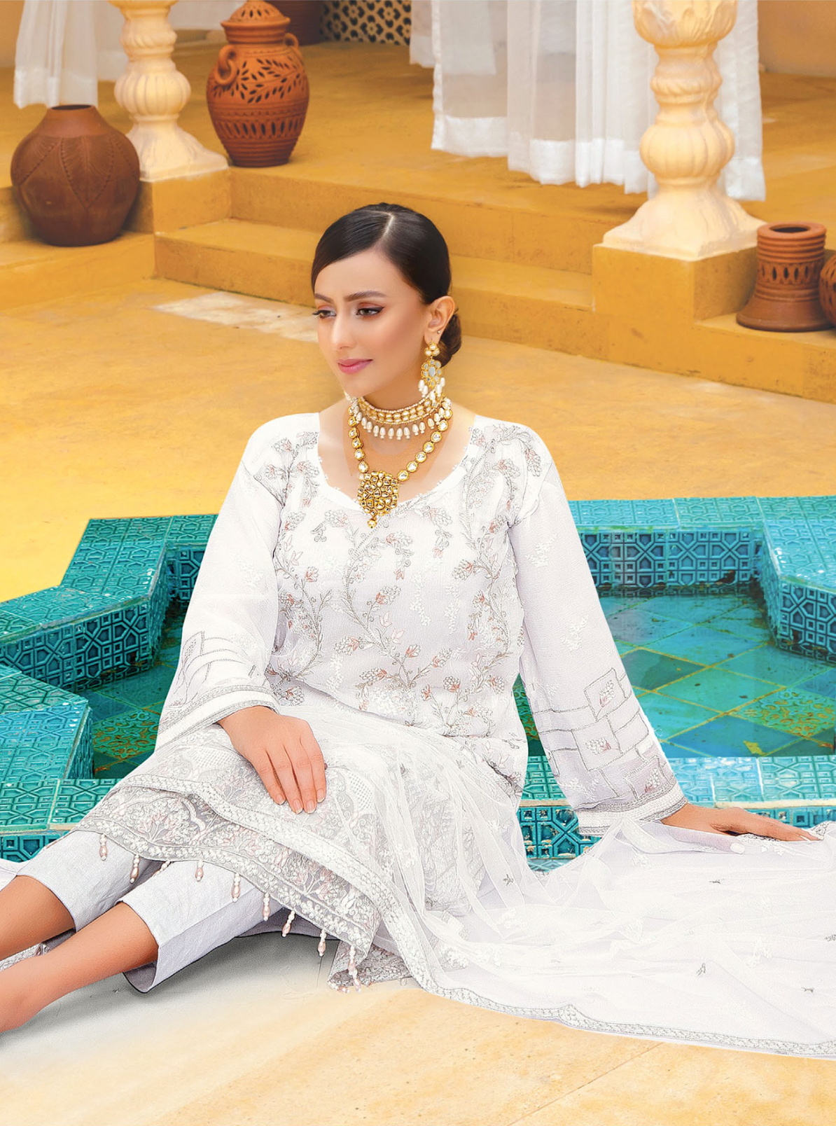 White Urshia Luxury Chiffon Ladies Suit