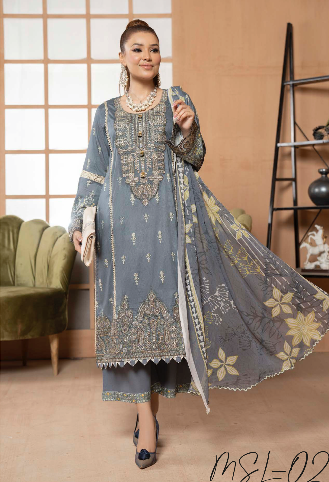 Slate Blue Grey Munira Designer Lawn Ladies Suit