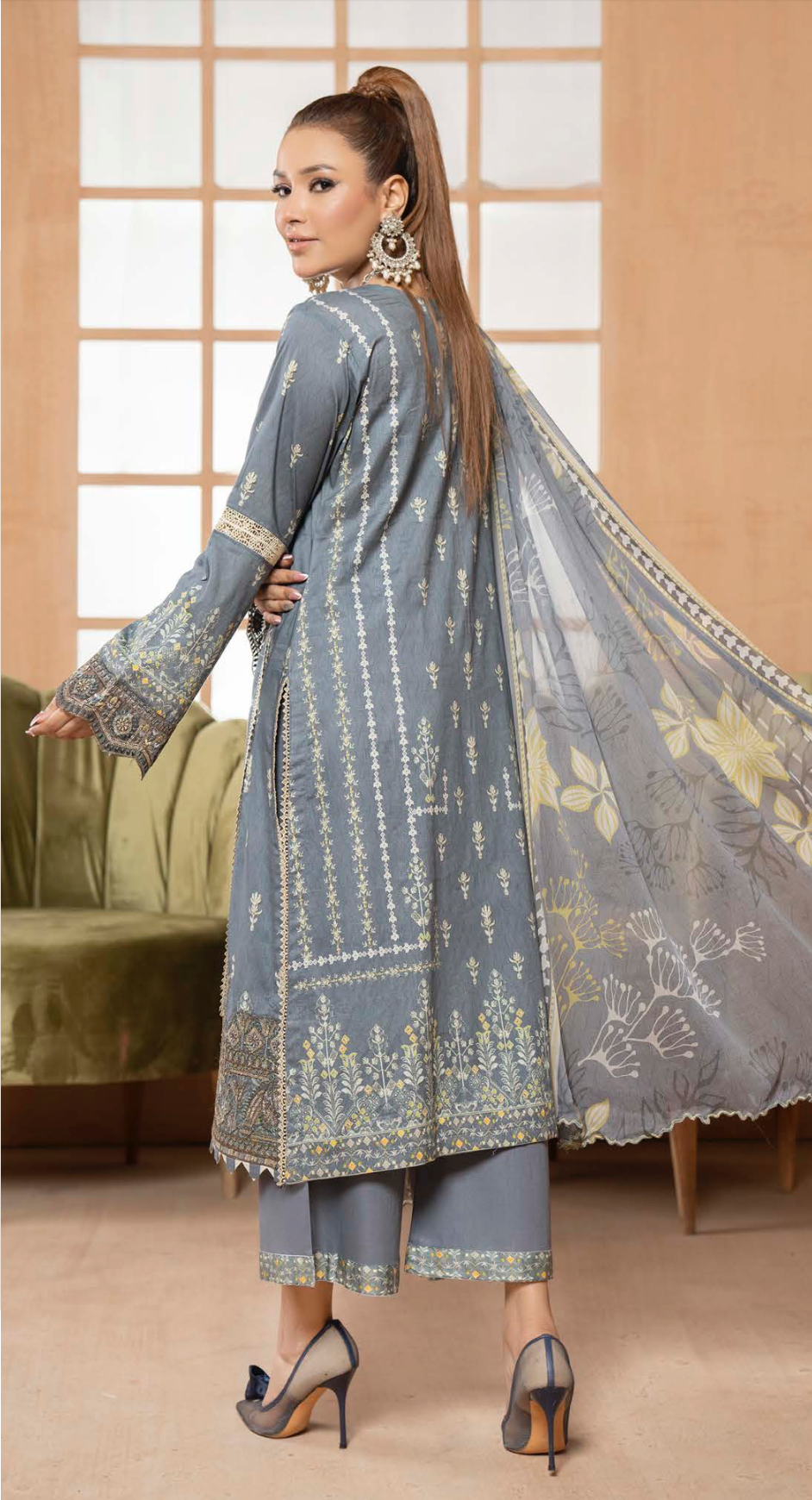 Slate Blue Grey Munira Designer Lawn Ladies Suit