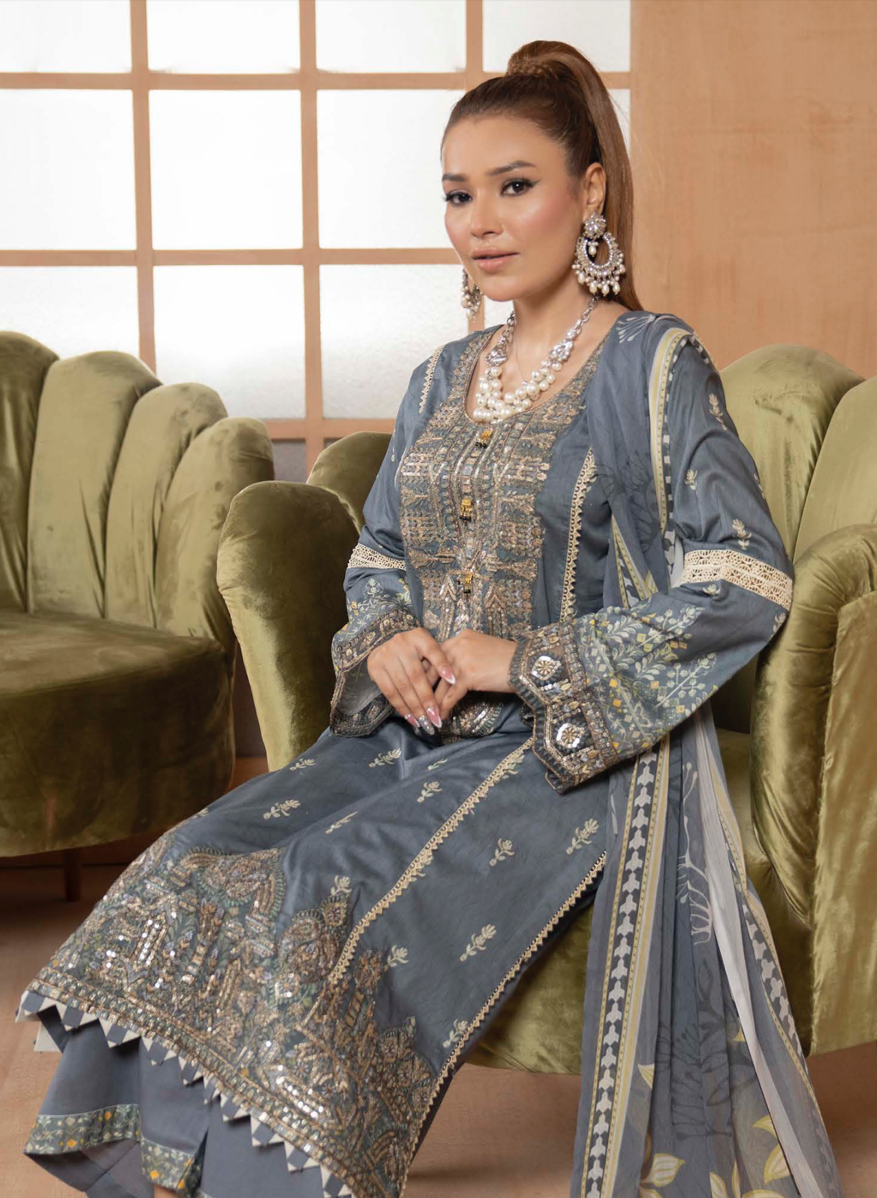 Slate Blue Grey Munira Designer Lawn Ladies Suit