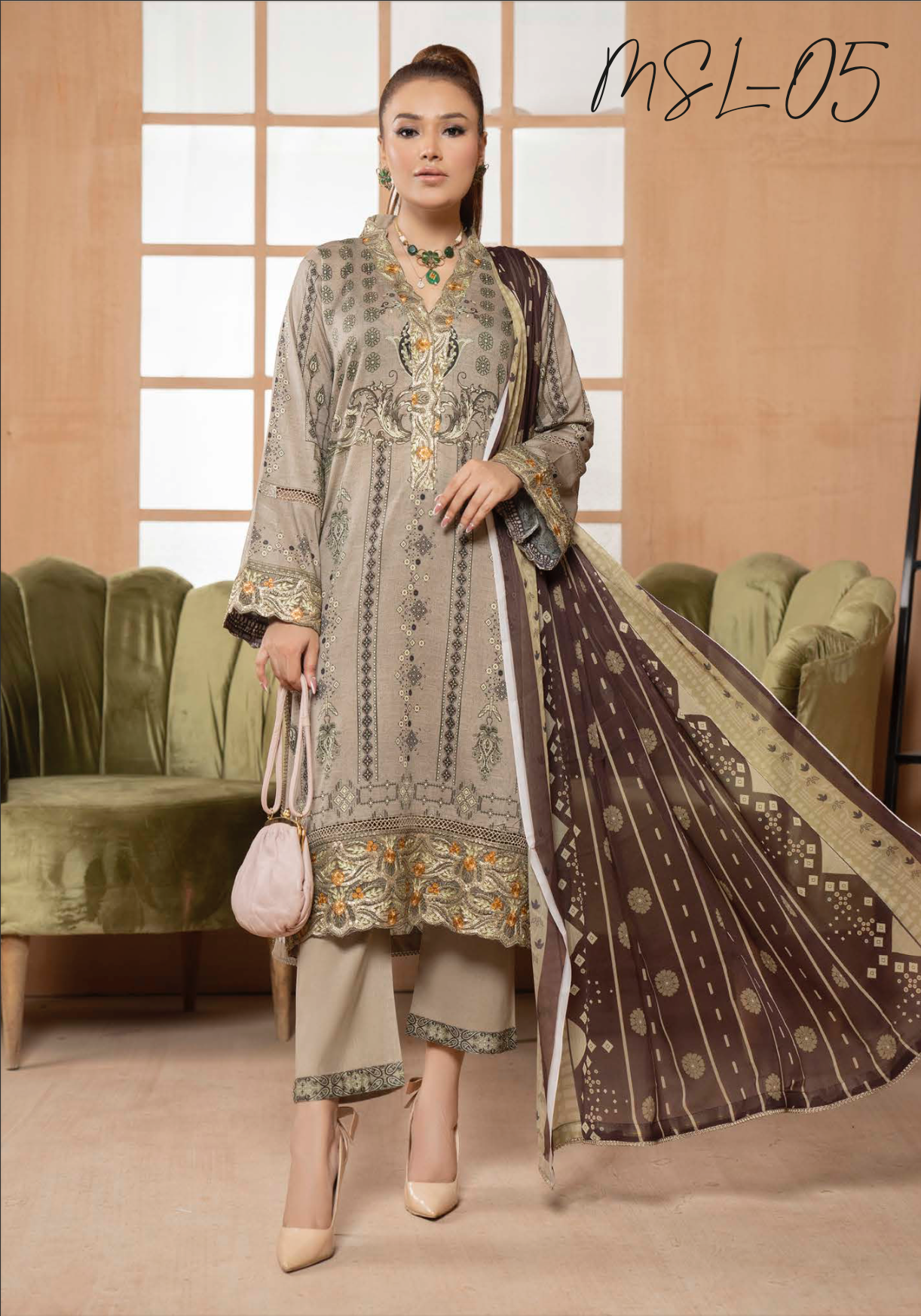 Olive Green Grey Munira Designer Lawn Ladies Suit