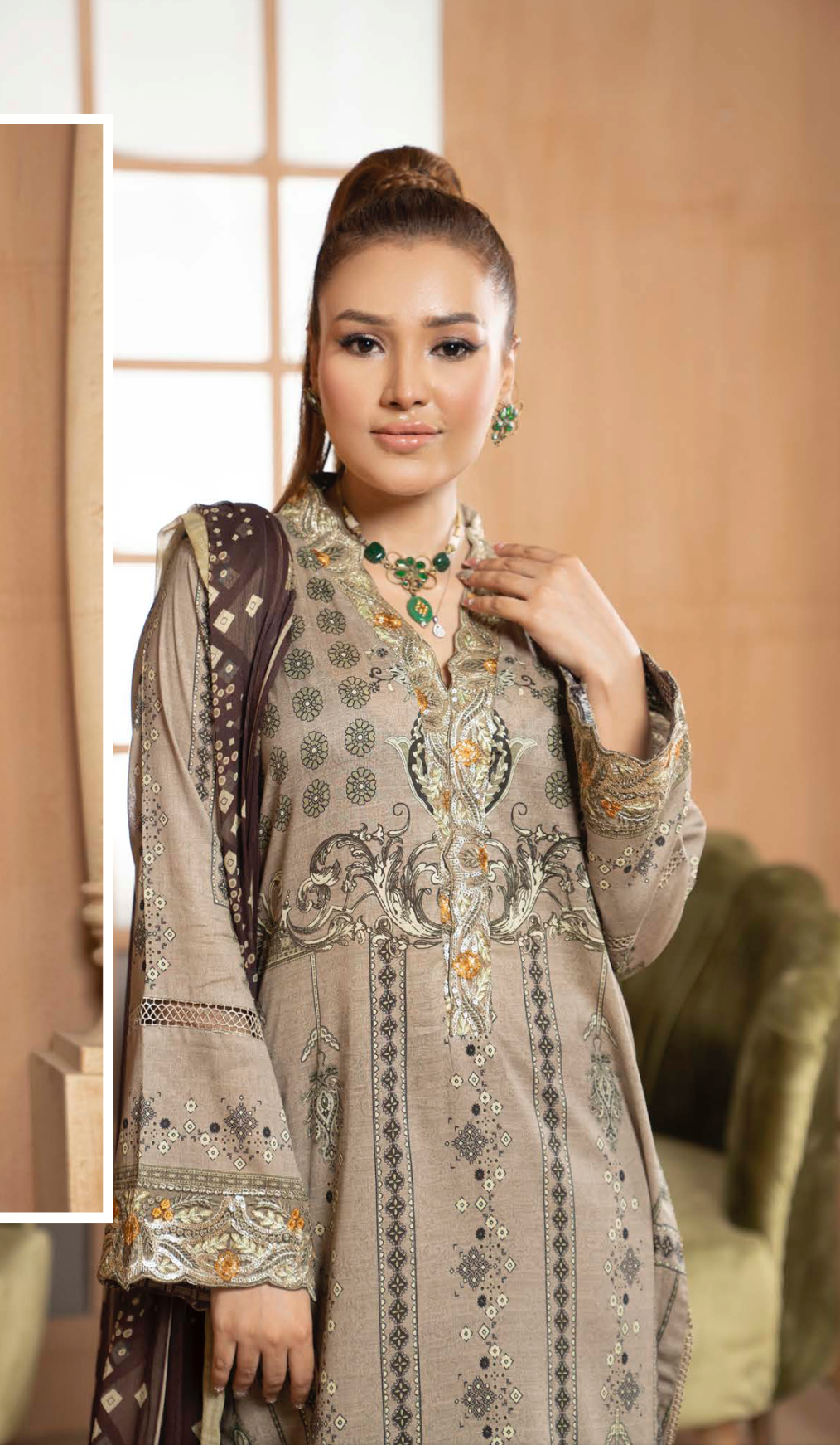 Olive Green Grey Munira Designer Lawn Ladies Suit