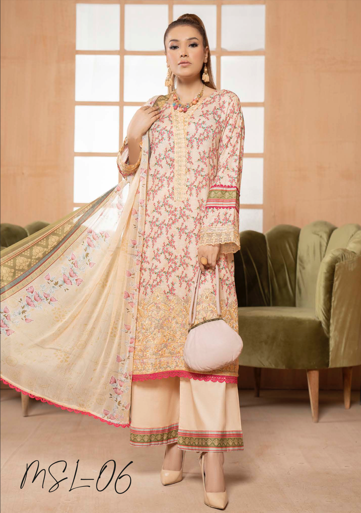 Dusty Peach Pink Munira Designer Lawn Ladies Suit