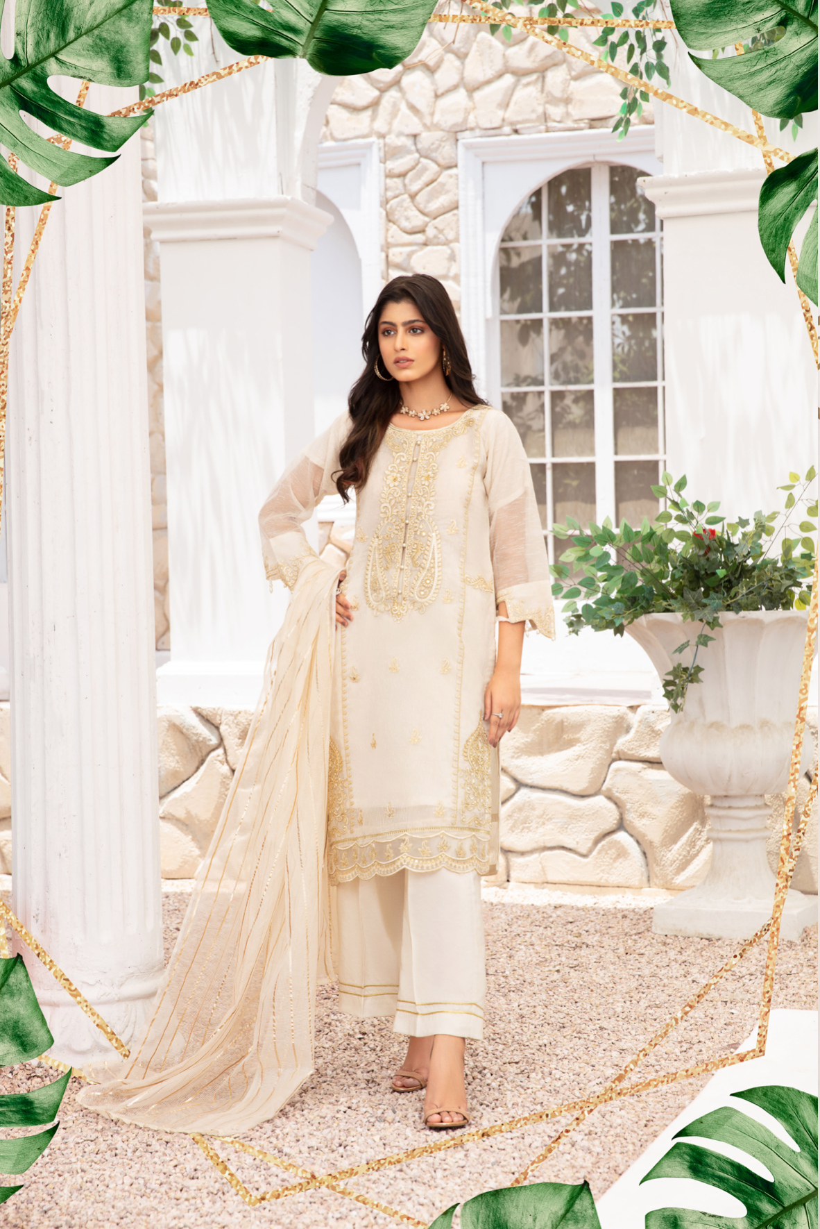 Cream and Gold Blair Soft Cotton Net Ladies Suit